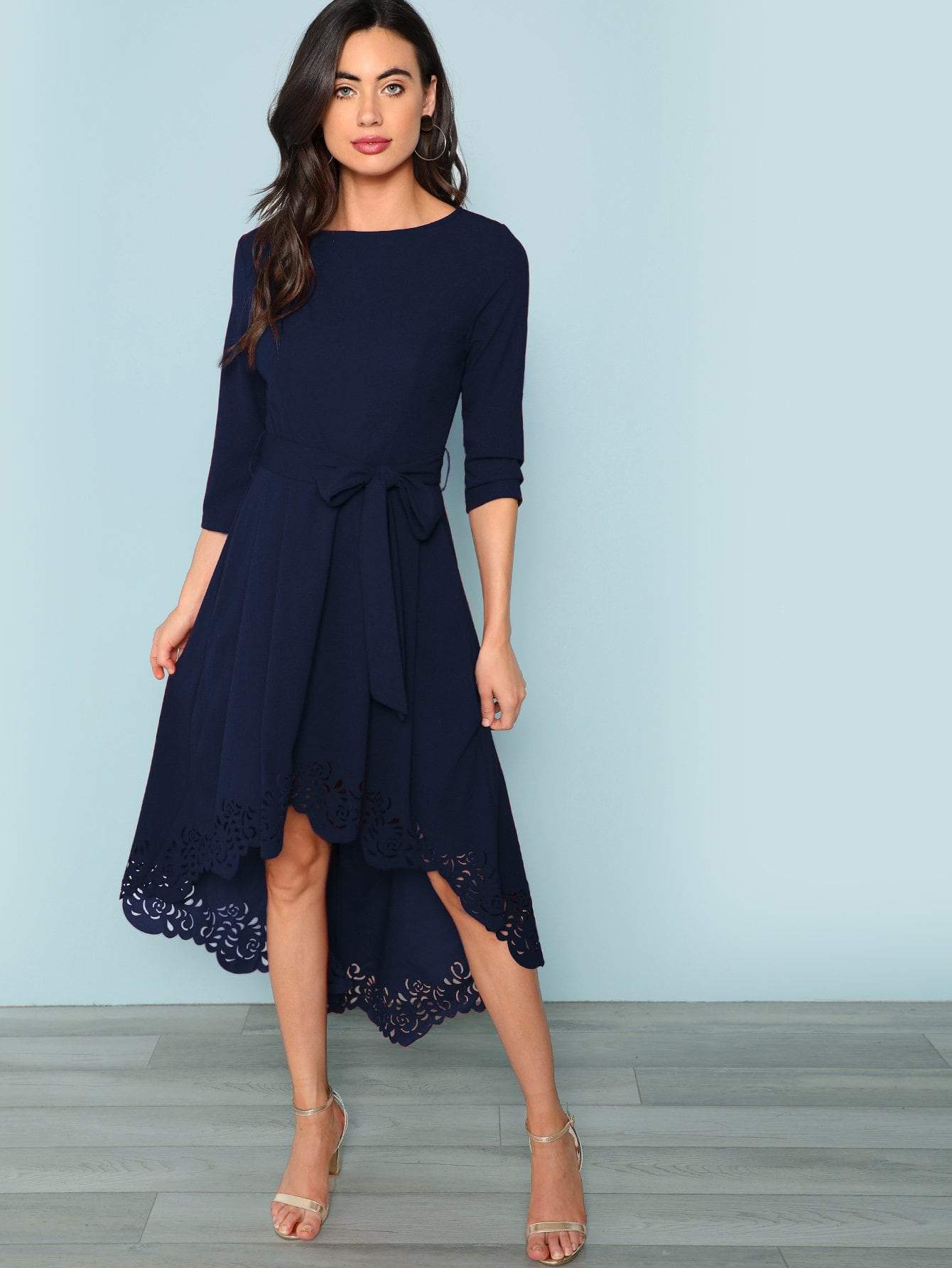 Boat Neck Scalloped Laser Cut Self Belted Dip Hem Dress