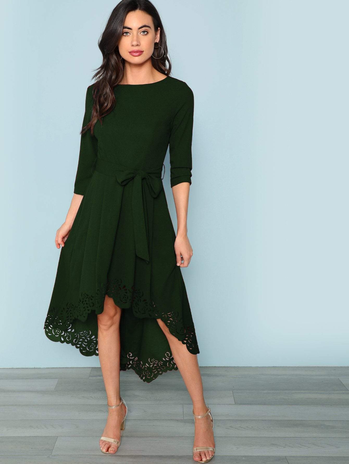 Boat Neck Scalloped Laser Cut Self Belted Dip Hem Dress