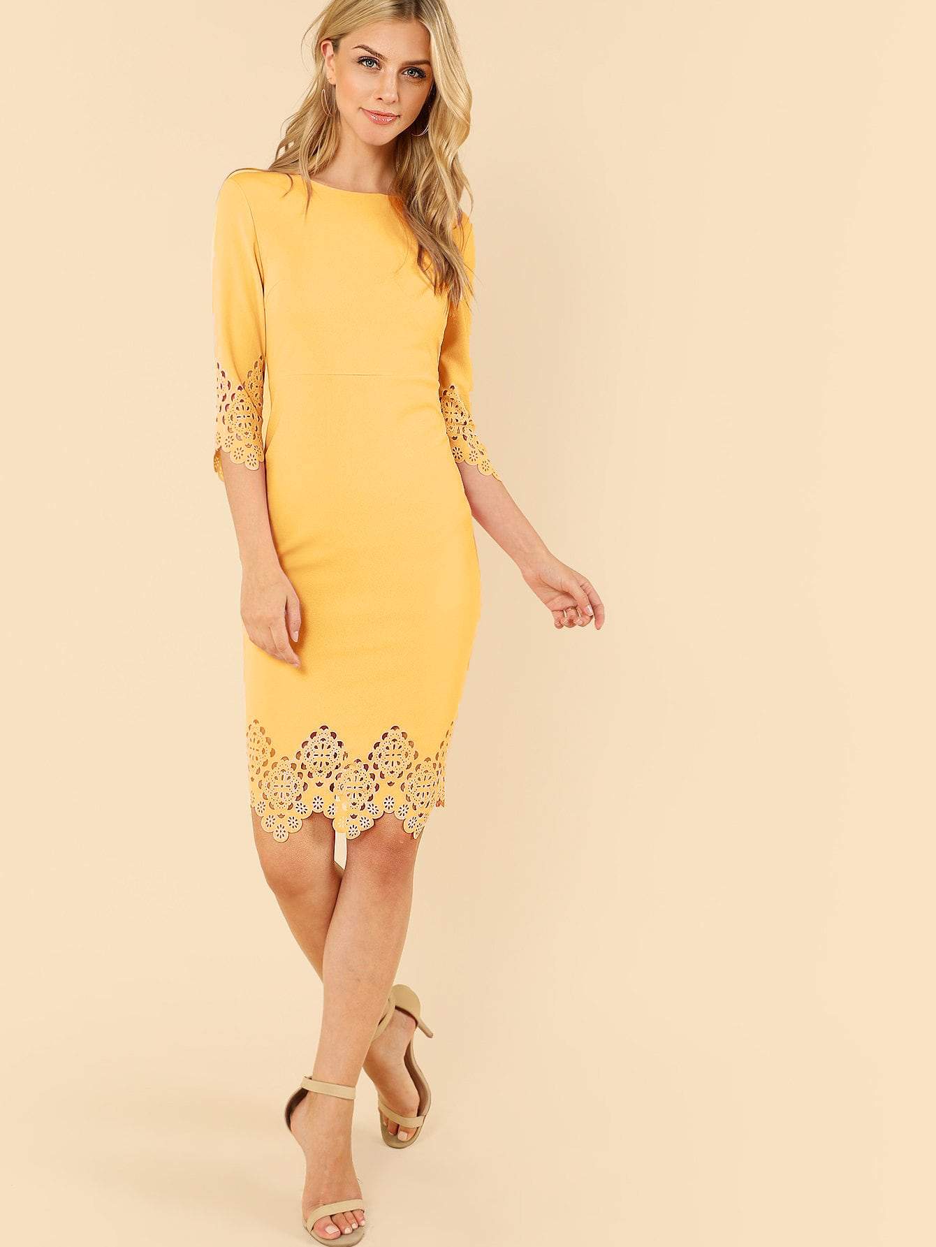 Yellow Laser Cut Zip Back Pencil Dress