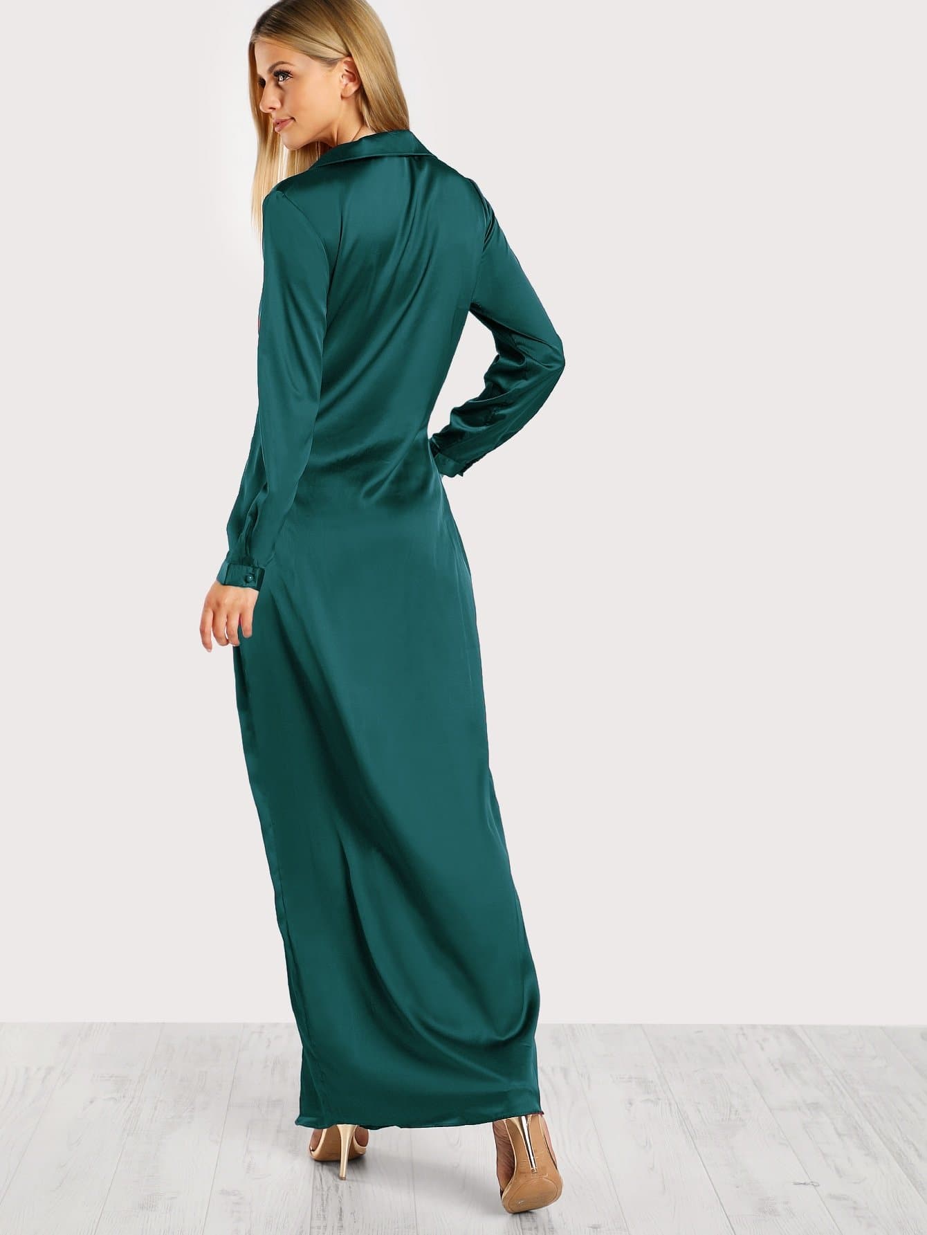 Deep V Collared Plunge Neck Twist Satin Dress