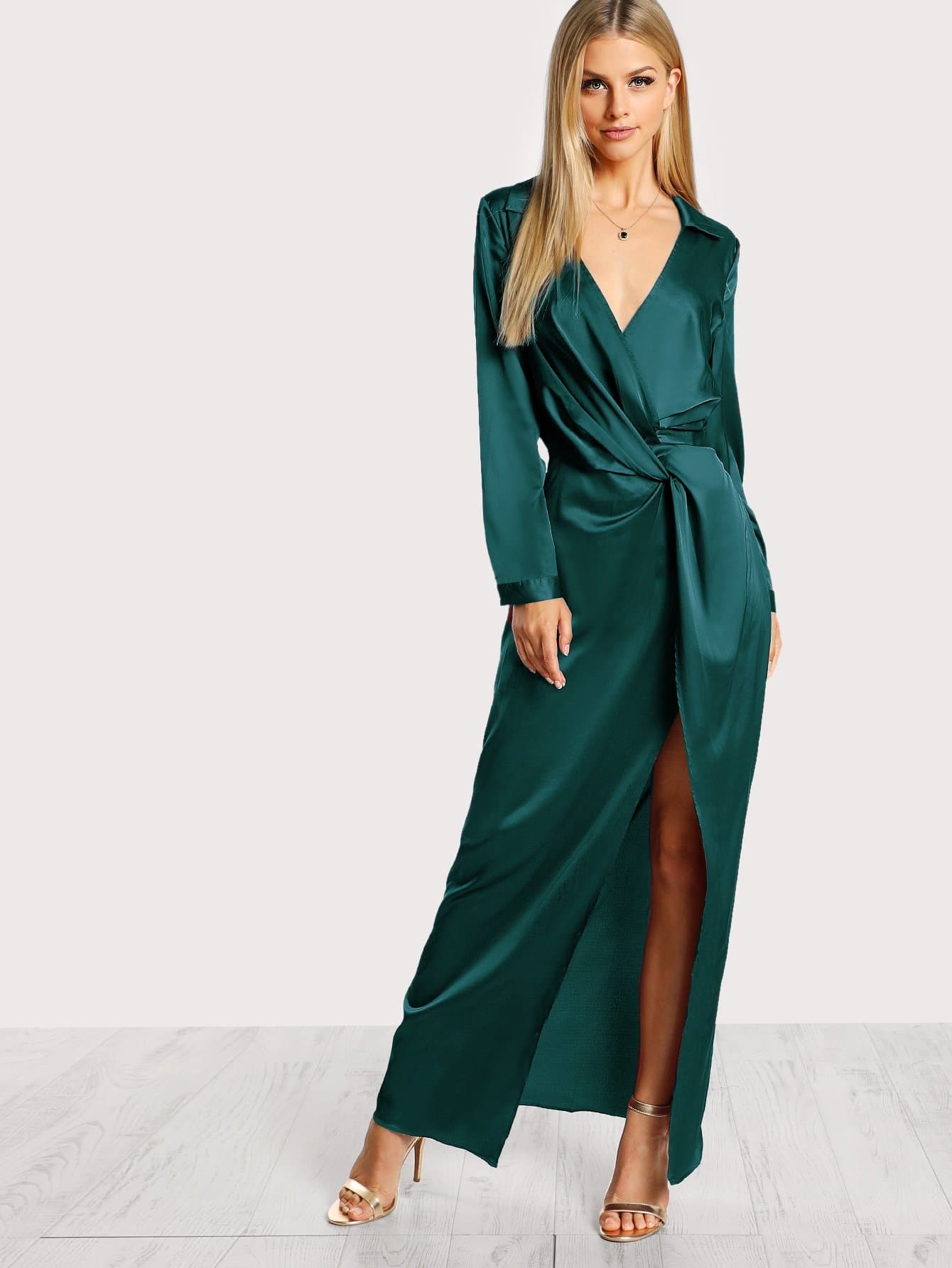 Deep V Collared Plunge Neck Twist Satin Dress
