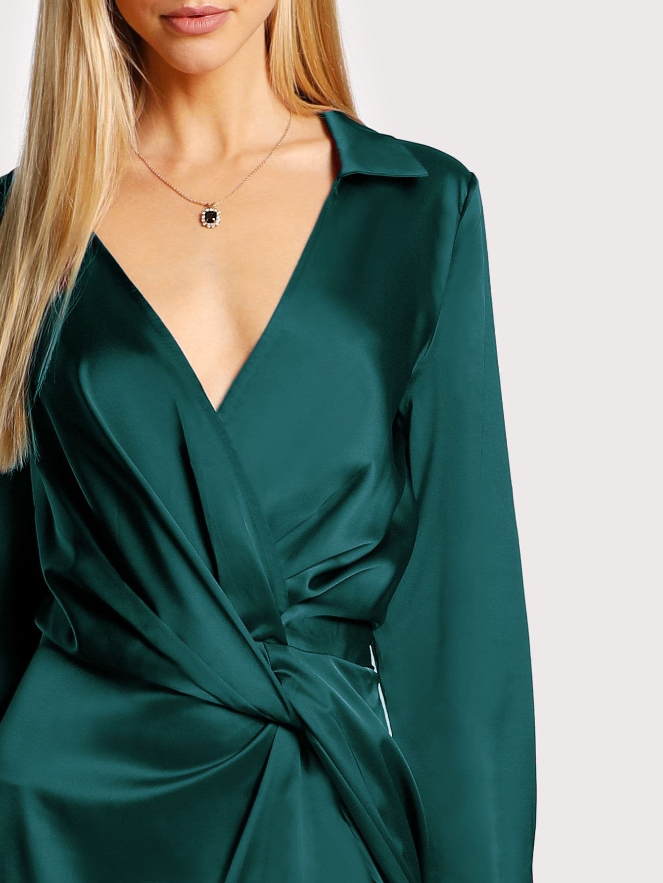 Deep V Collared Plunge Neck Twist Satin Dress