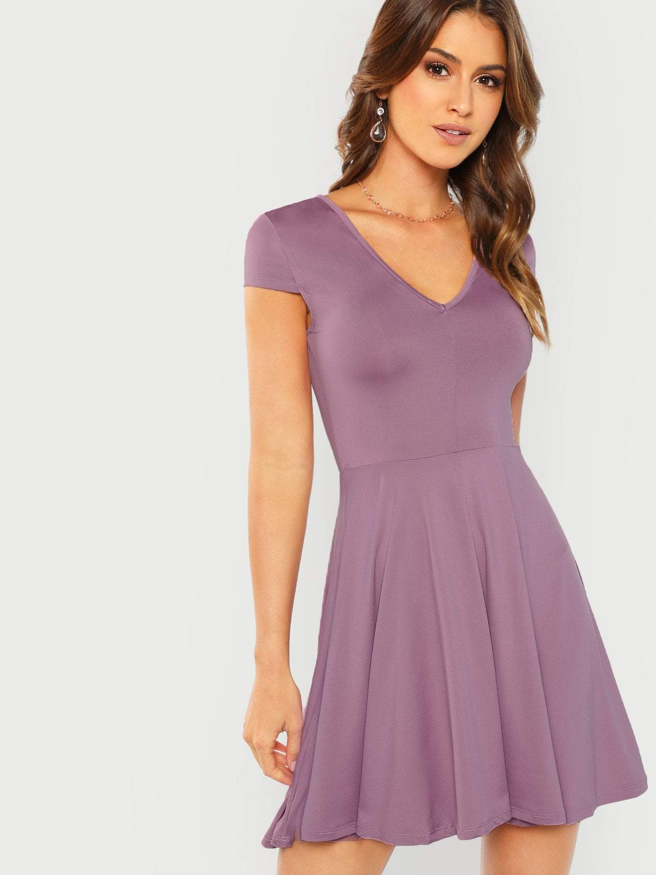 Round Neck High Waist V Back Cap Sleeve Fit & Flare Dress