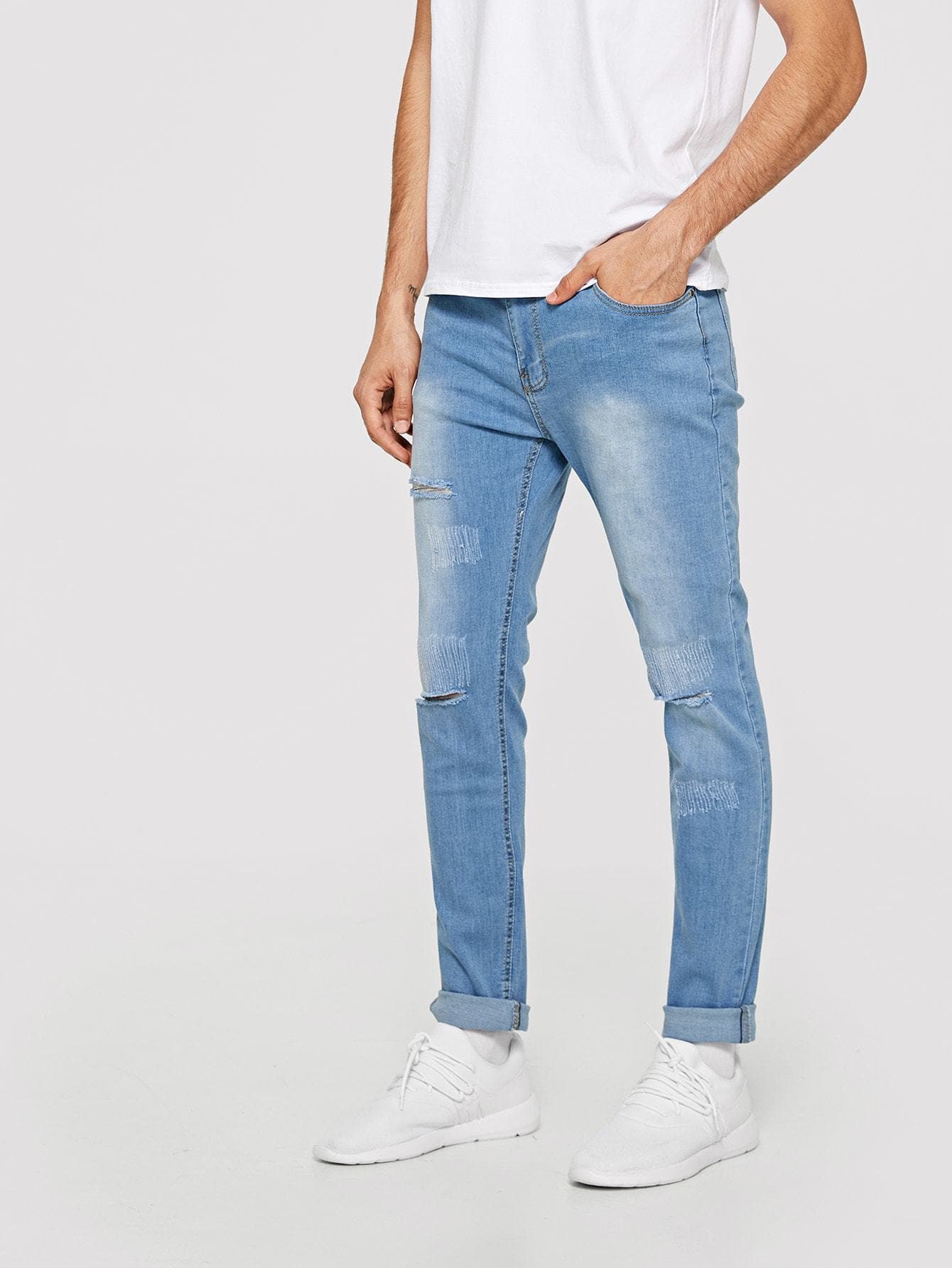 Skinny Blue Zip Decoration Destroyed Skinny Jeans