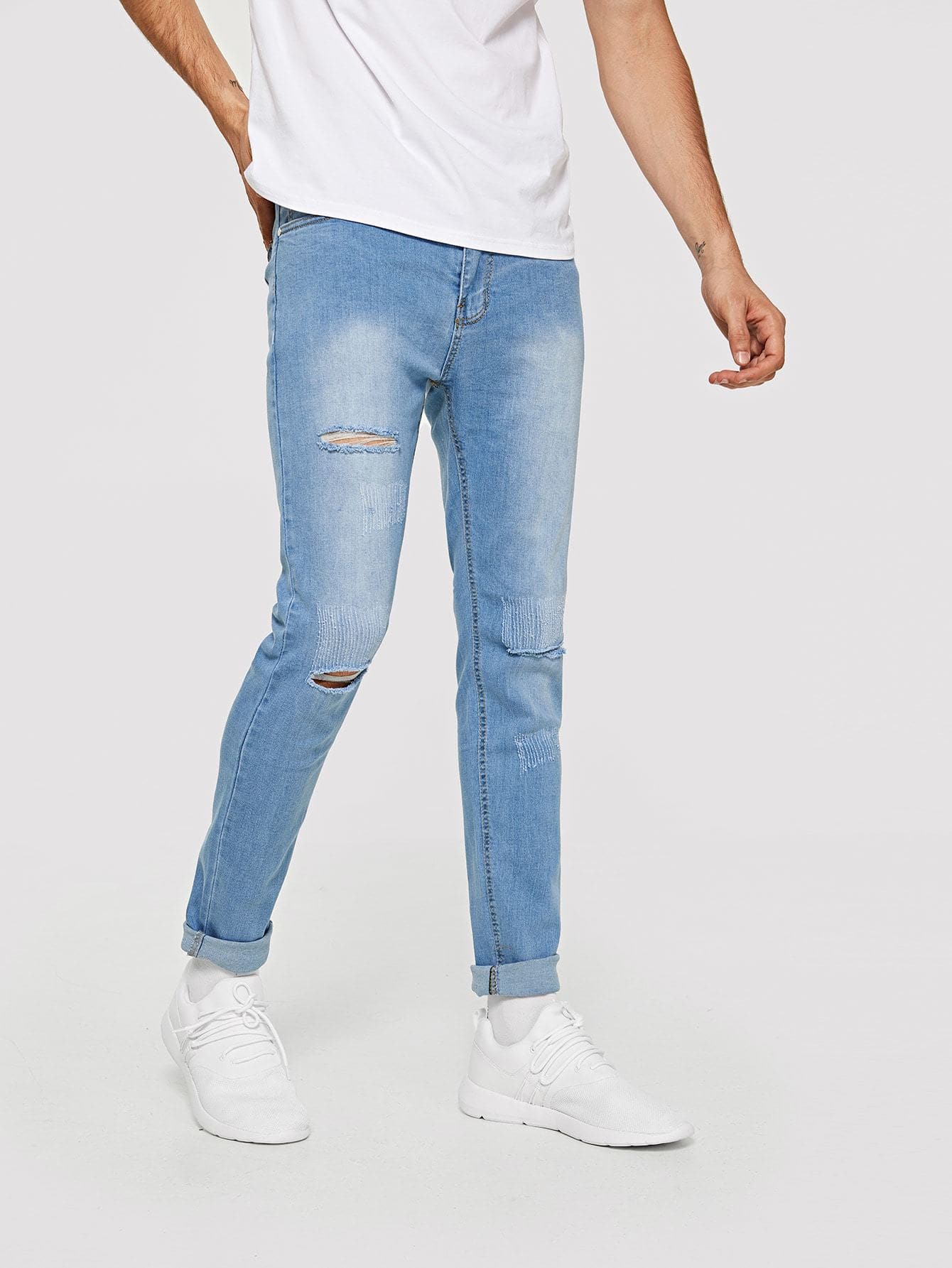 Skinny Blue Zip Decoration Destroyed Skinny Jeans