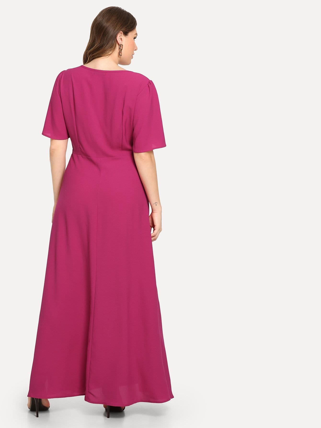 Hot Pink Polyester V Neck Plus Knot Detail Ruffle Solid Dress