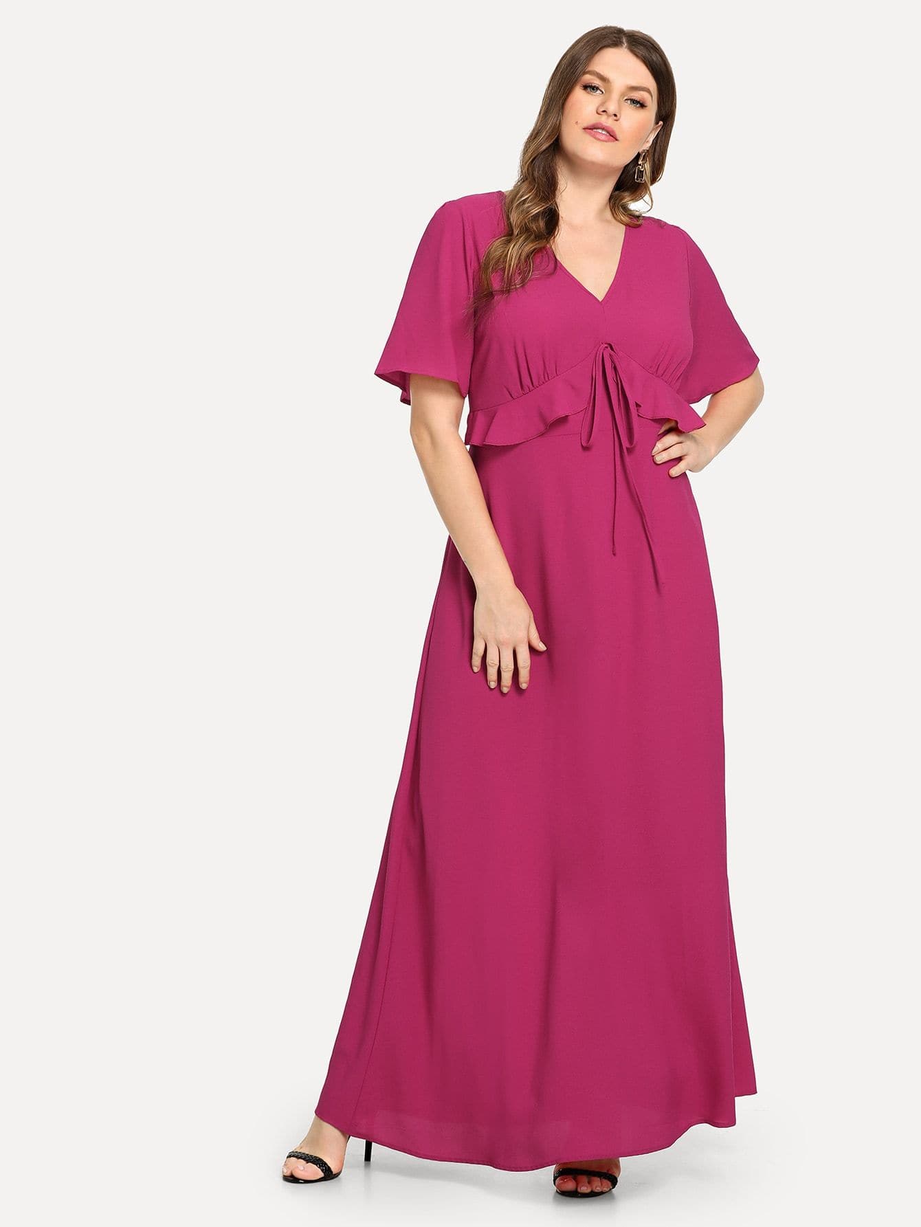 Hot Pink Polyester V Neck Plus Knot Detail Ruffle Solid Dress