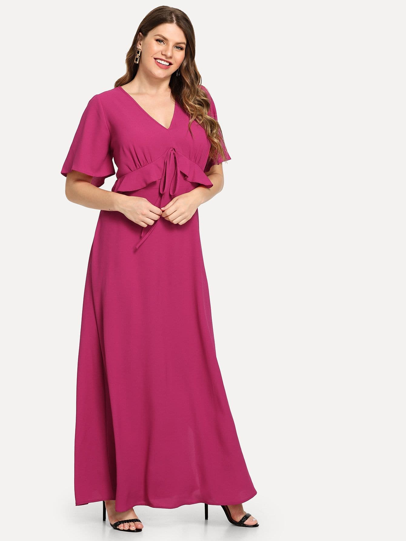 Hot Pink Polyester V Neck Plus Knot Detail Ruffle Solid Dress