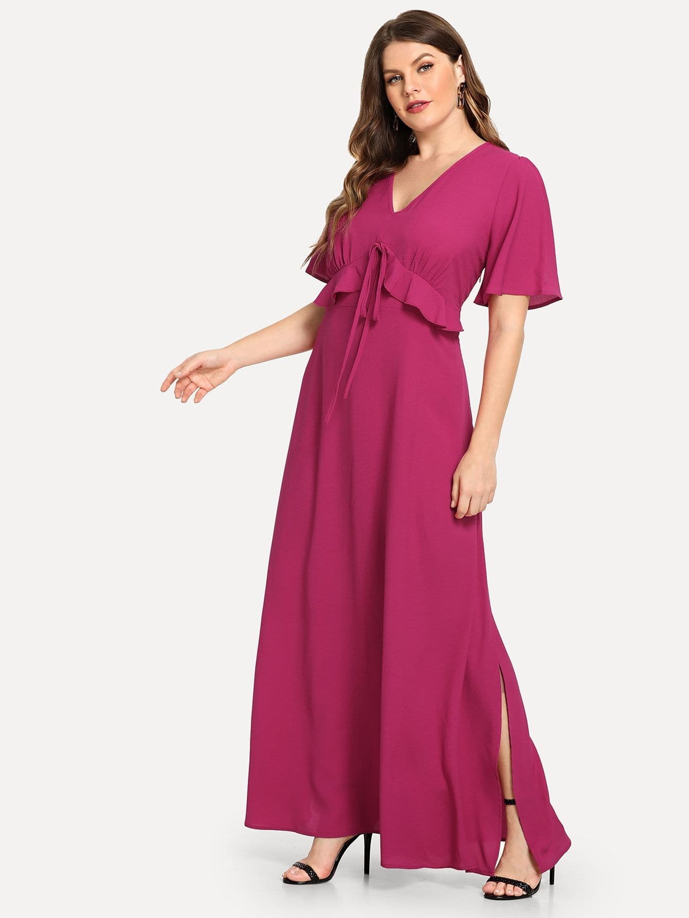 Hot Pink Polyester V Neck Plus Knot Detail Ruffle Solid Dress