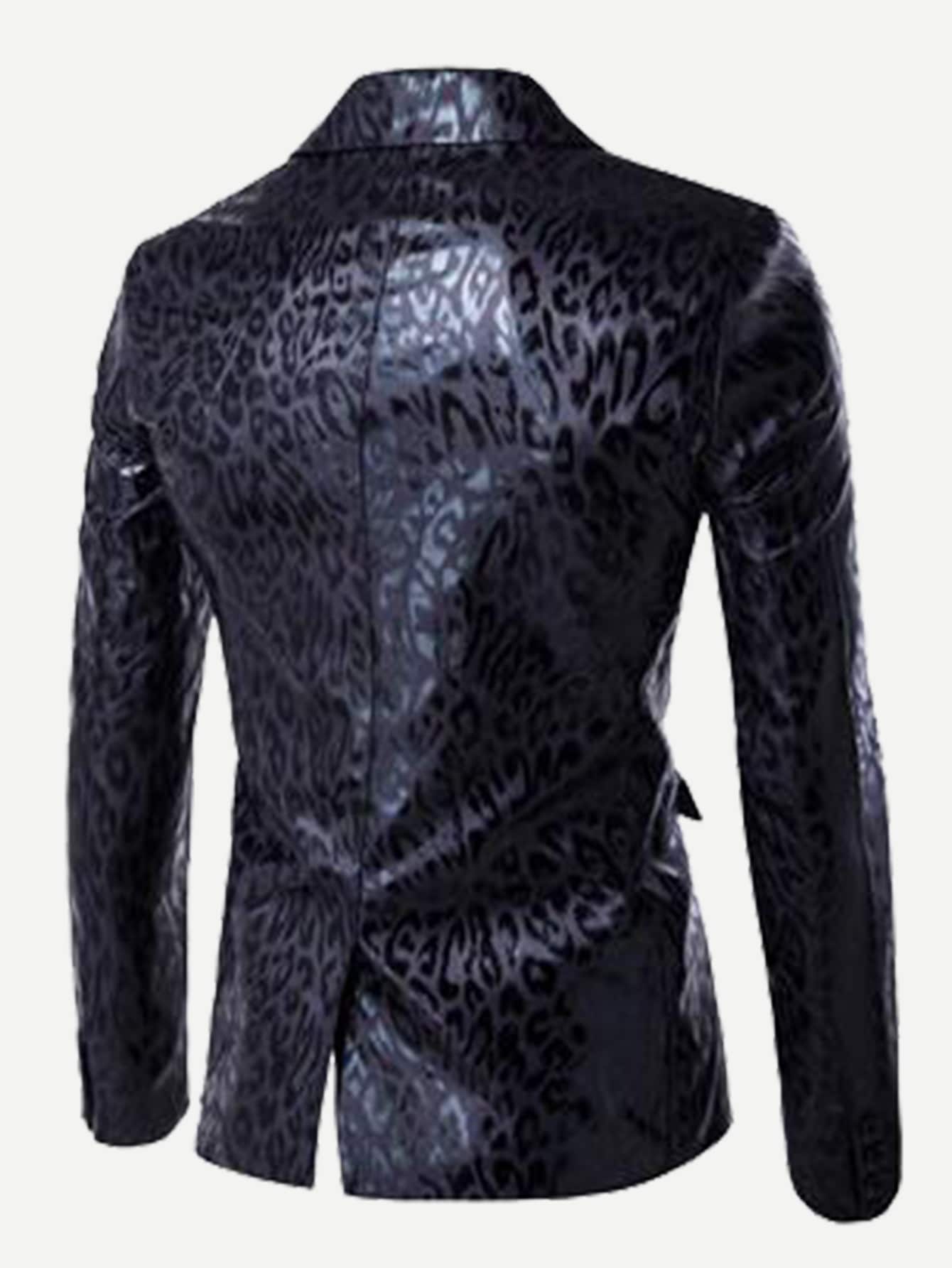 Black Leopard Print Single Button PU Blazer