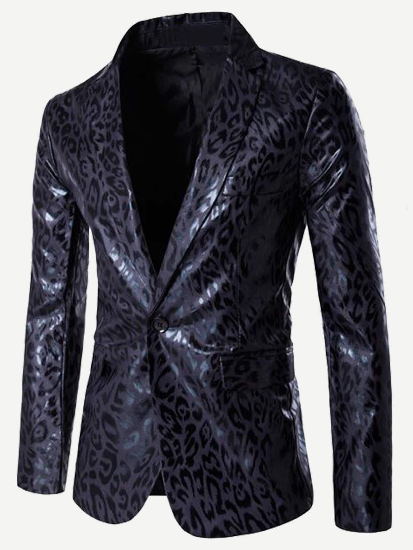Black Leopard Print Single Button PU Blazer