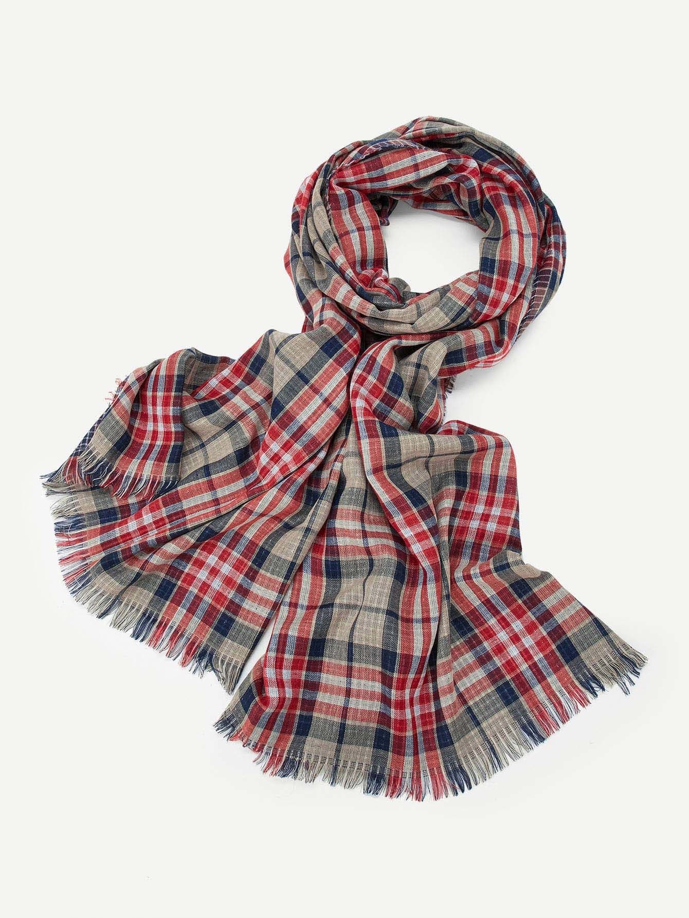 Polyester Multicolor Plaid Fringe Hem Scarf