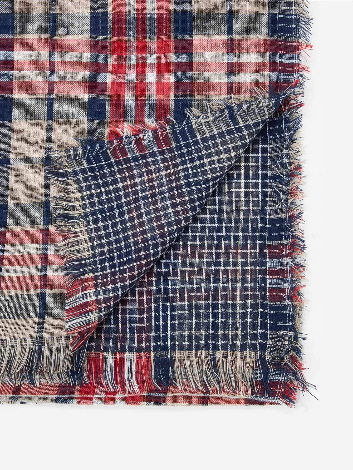Polyester Multicolor Plaid Fringe Hem Scarf