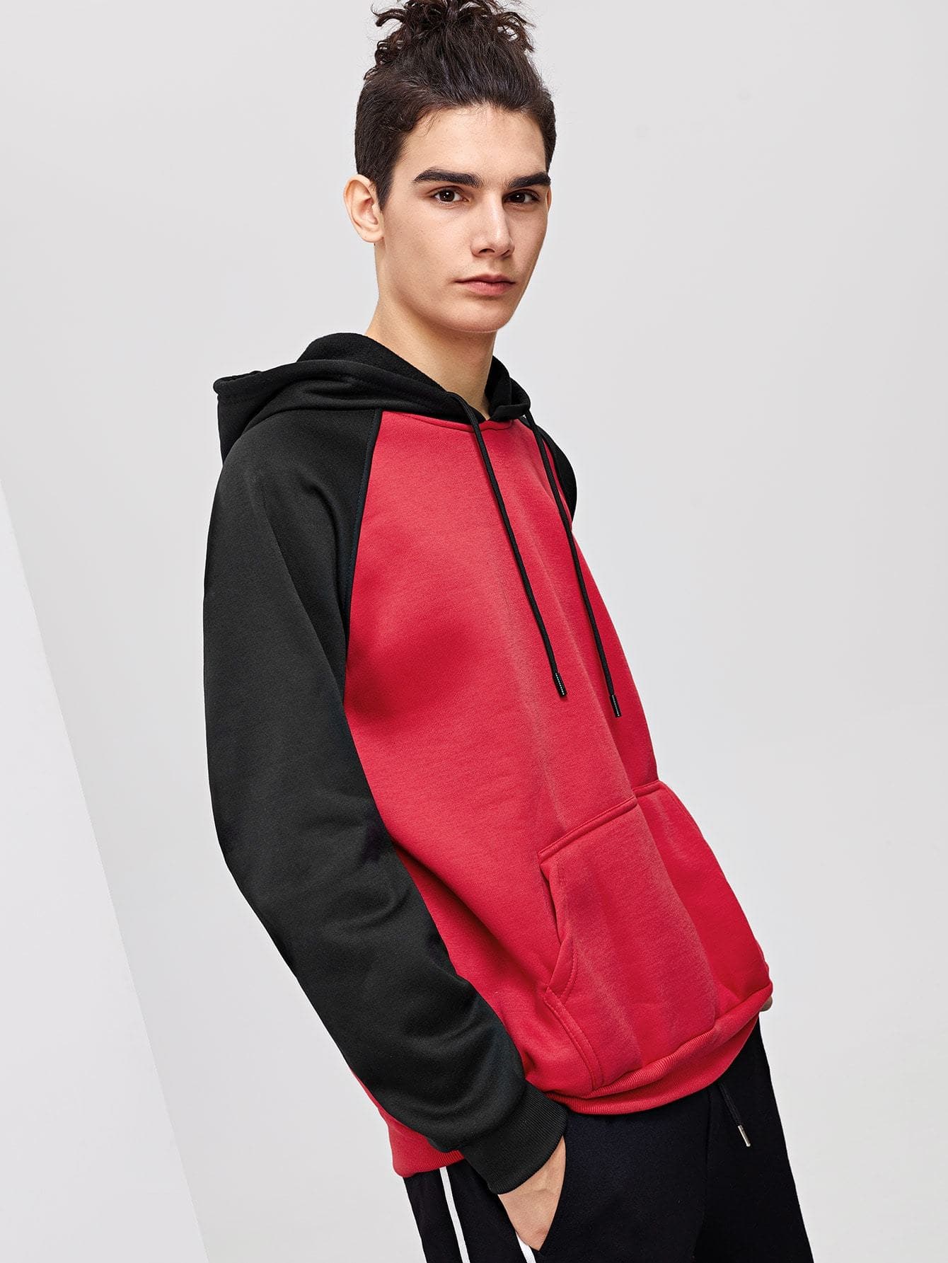 Cotton Contrast Raglan Sleeve Hooded Sweatshirt Pullover