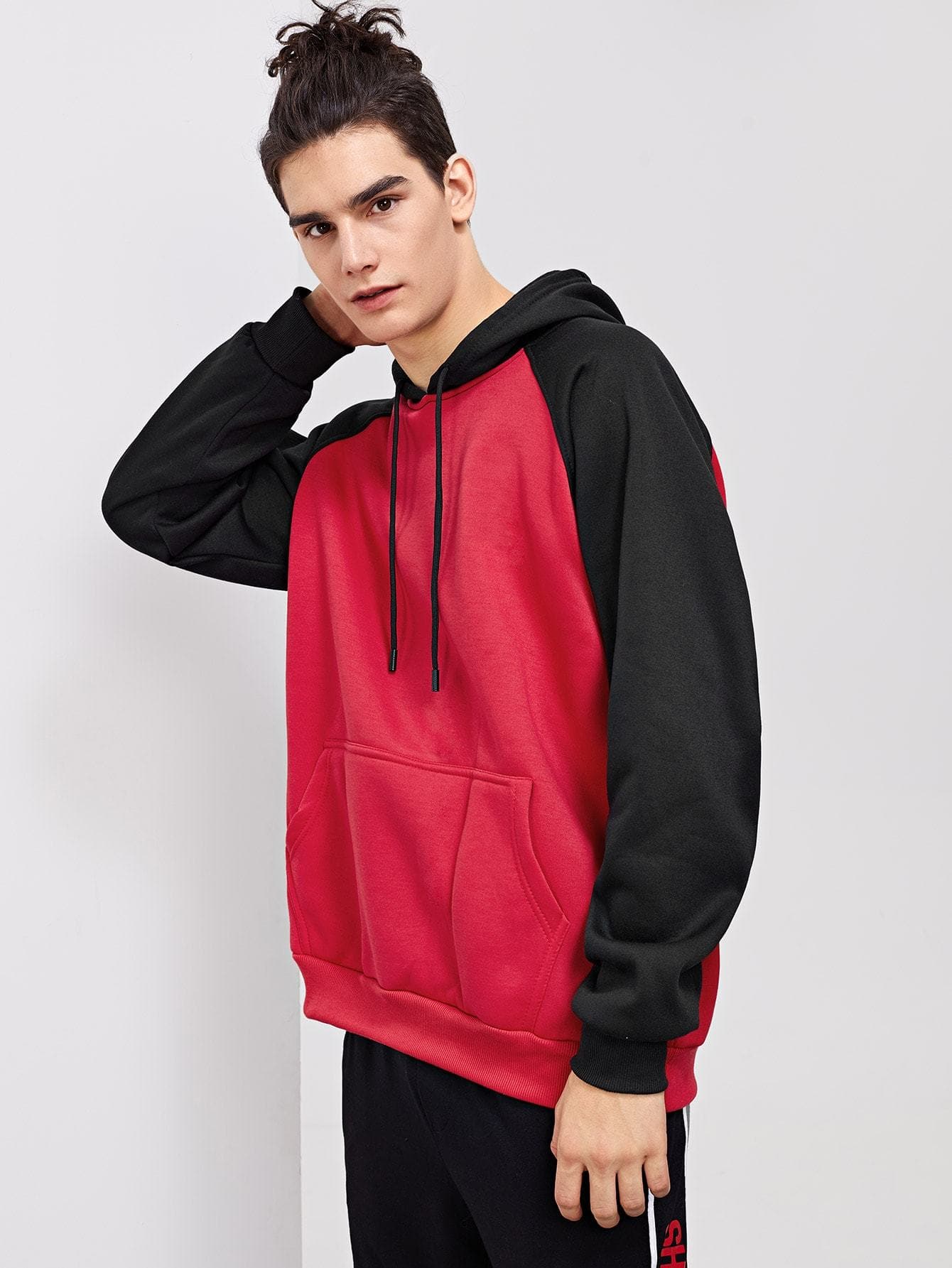 Cotton Contrast Raglan Sleeve Hooded Sweatshirt Pullover