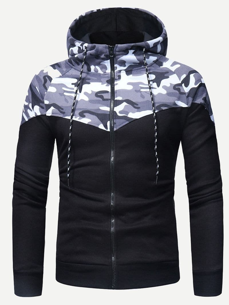 Drawstring Zipper Long Sleeve Camo Print Hooded Sweatshirt