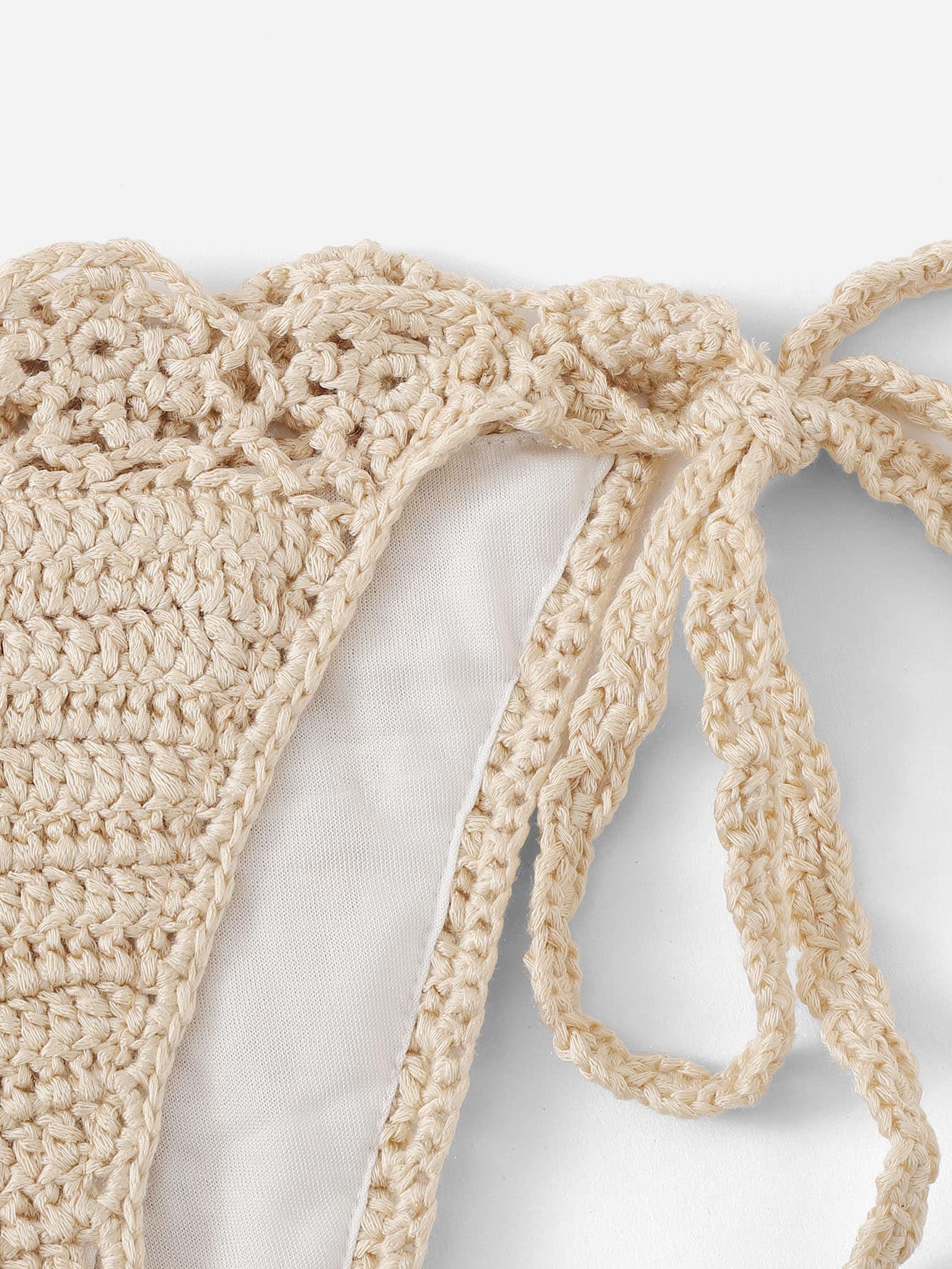 Scalloped Trim Crochet Halter Top With Tie Side Bikini Swimwear
