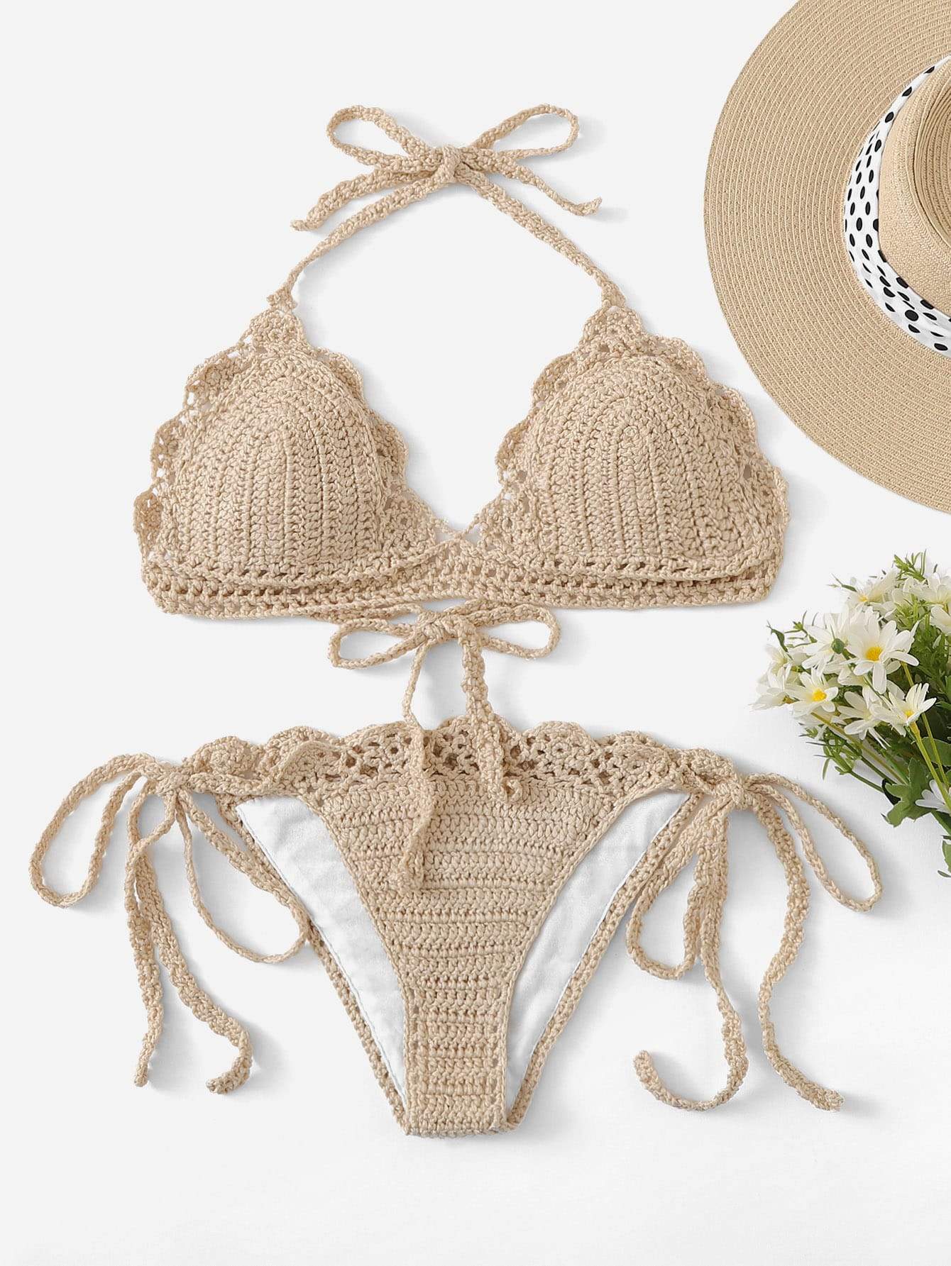 Scalloped Trim Crochet Halter Top With Tie Side Bikini Swimwear