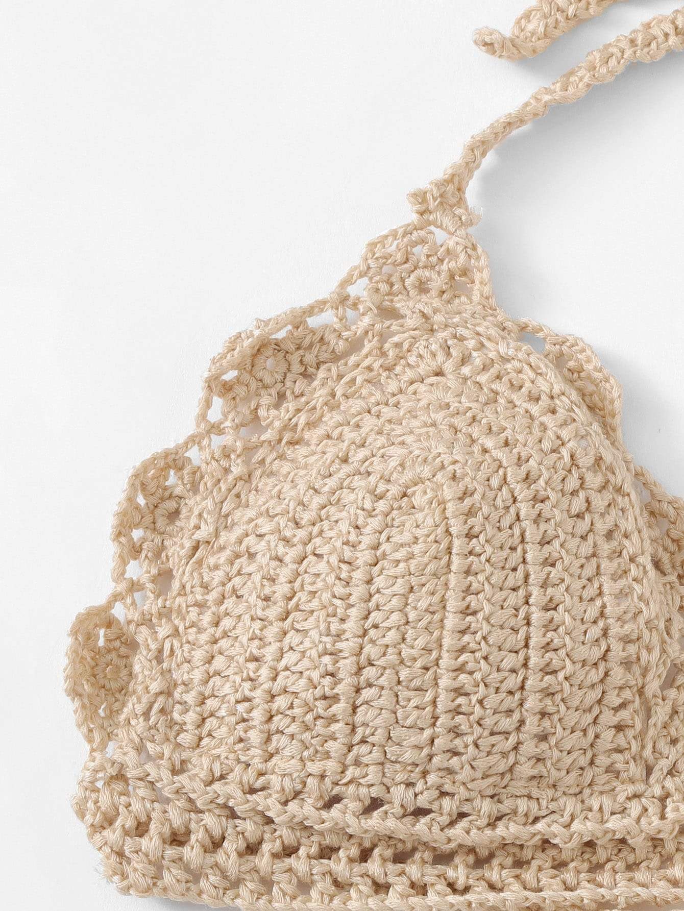 Scalloped Trim Crochet Halter Top With Tie Side Bikini Swimwear