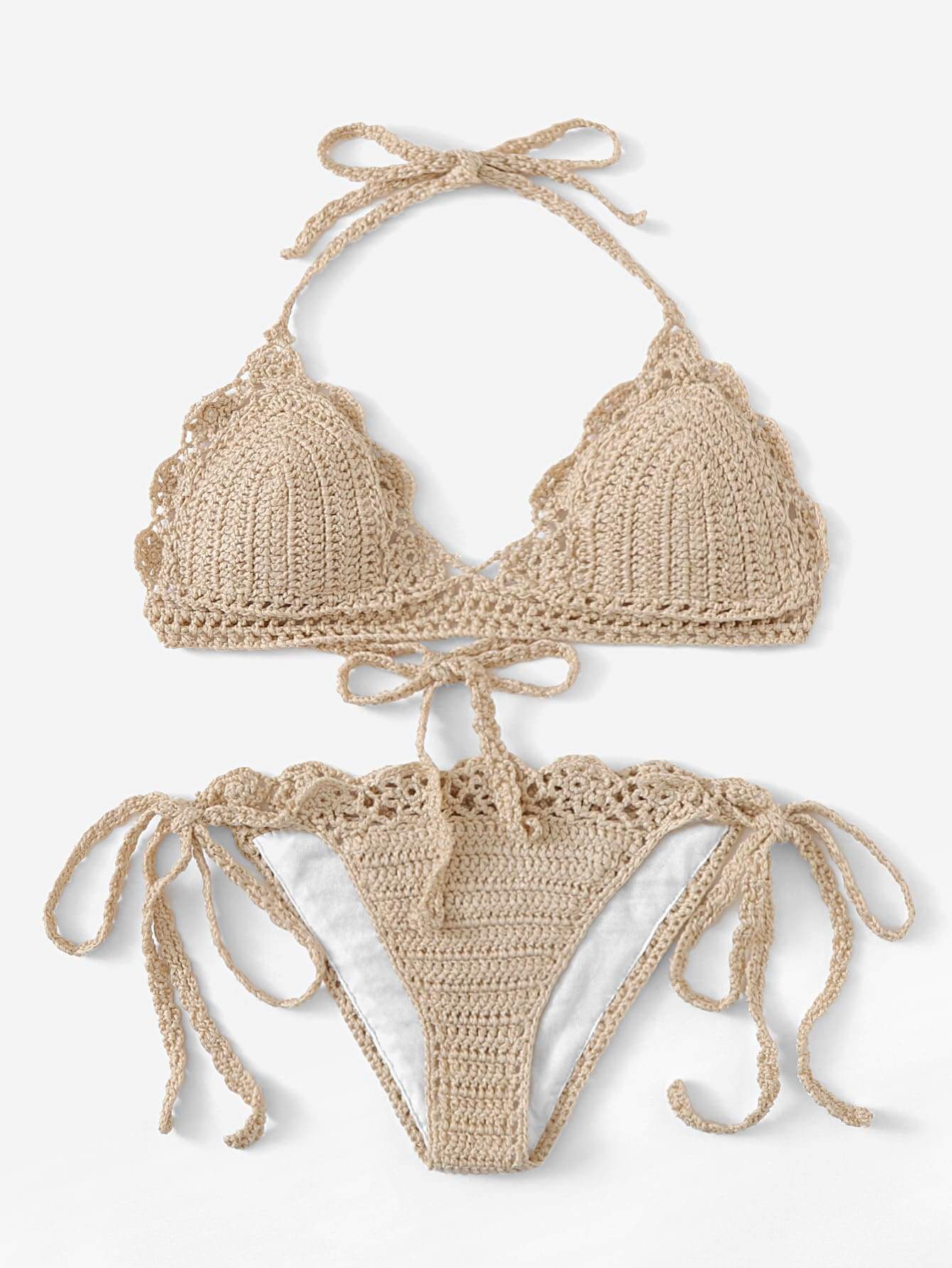 Scalloped Trim Crochet Halter Top With Tie Side Bikini Swimwear