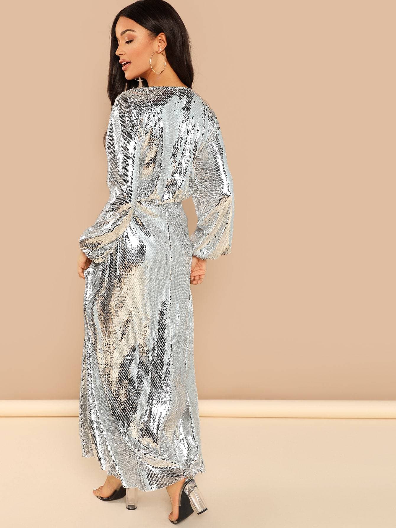 Silver Wrap Front Sequin Dress