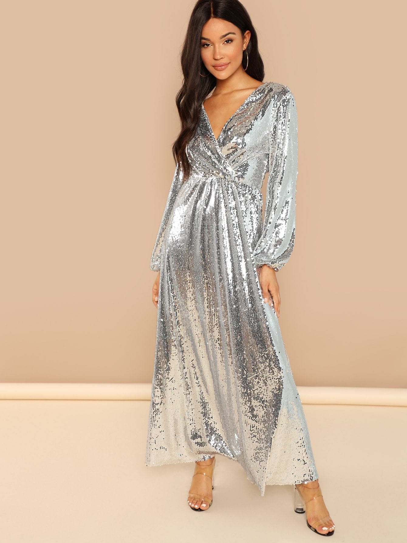 Silver Wrap Front Sequin Dress