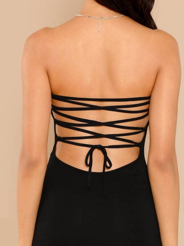 Black Strapless Sleeveless Lace Up Back Bodycon Tube Dress