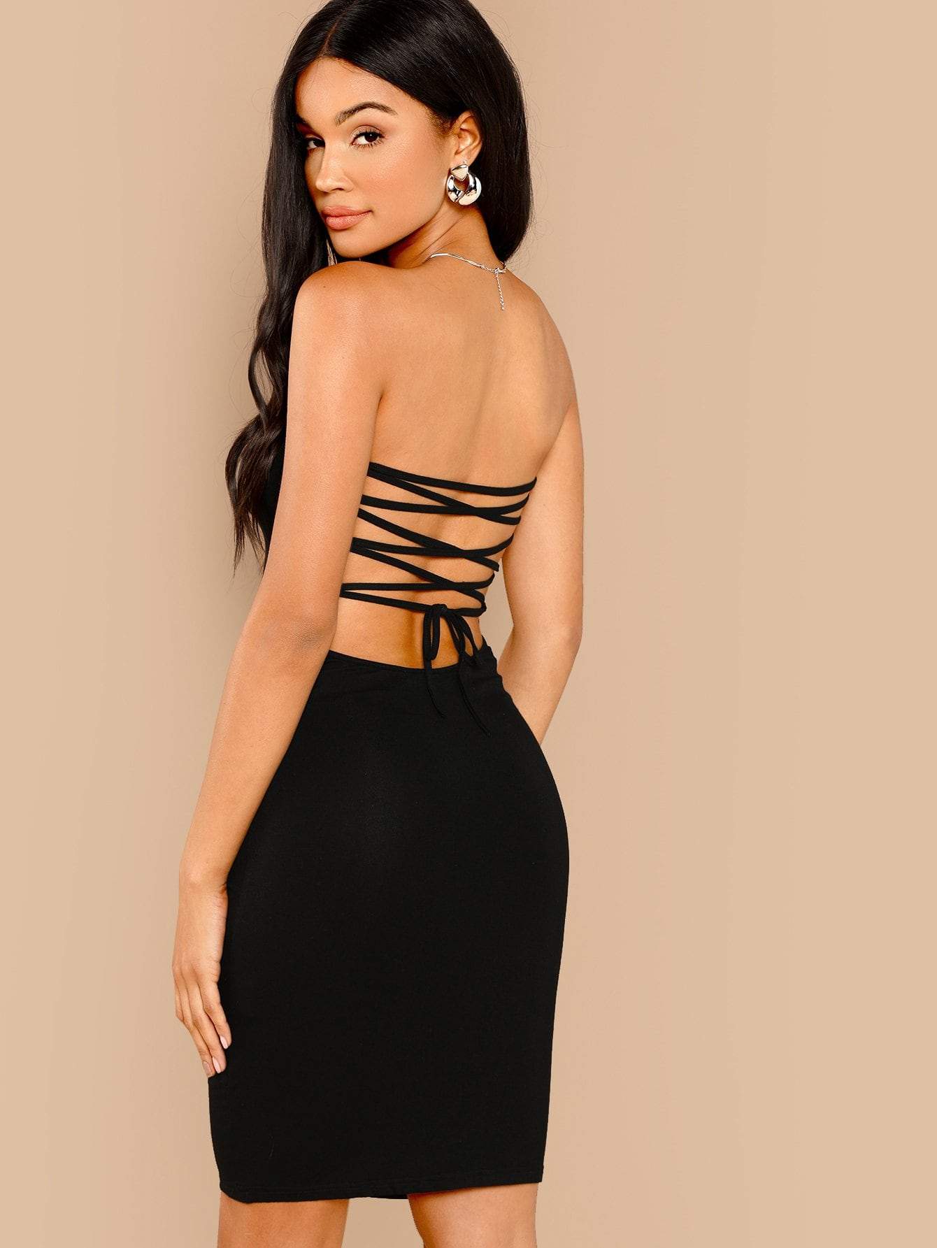 Black Strapless Sleeveless Lace Up Back Bodycon Tube Dress Wear.Style Black Strapless Sleeveless Lace Up Back Bodycon Tube Dress Wear.Style