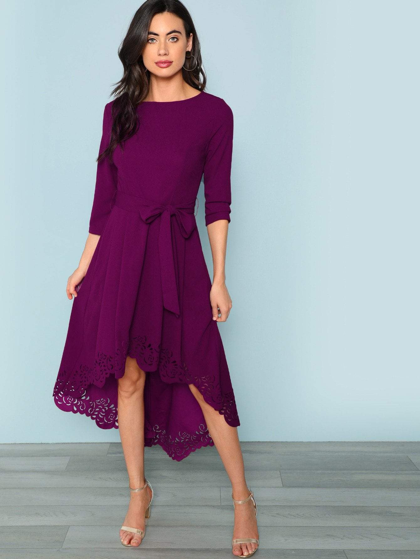 Boat Neck Scalloped Laser Cut Self Belted Dip Hem Dress