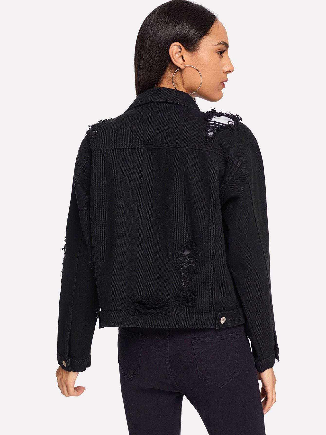 Black Single Breasted Pocket Patched Ripped Jacket