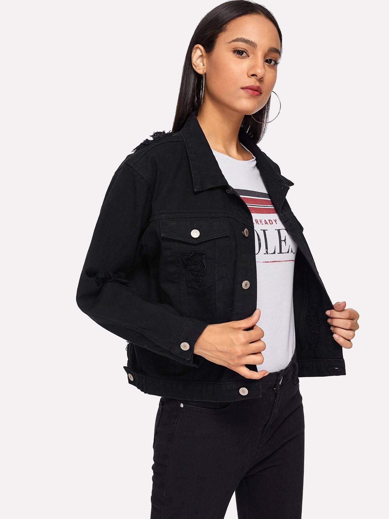 Black Single Breasted Pocket Patched Ripped Jacket