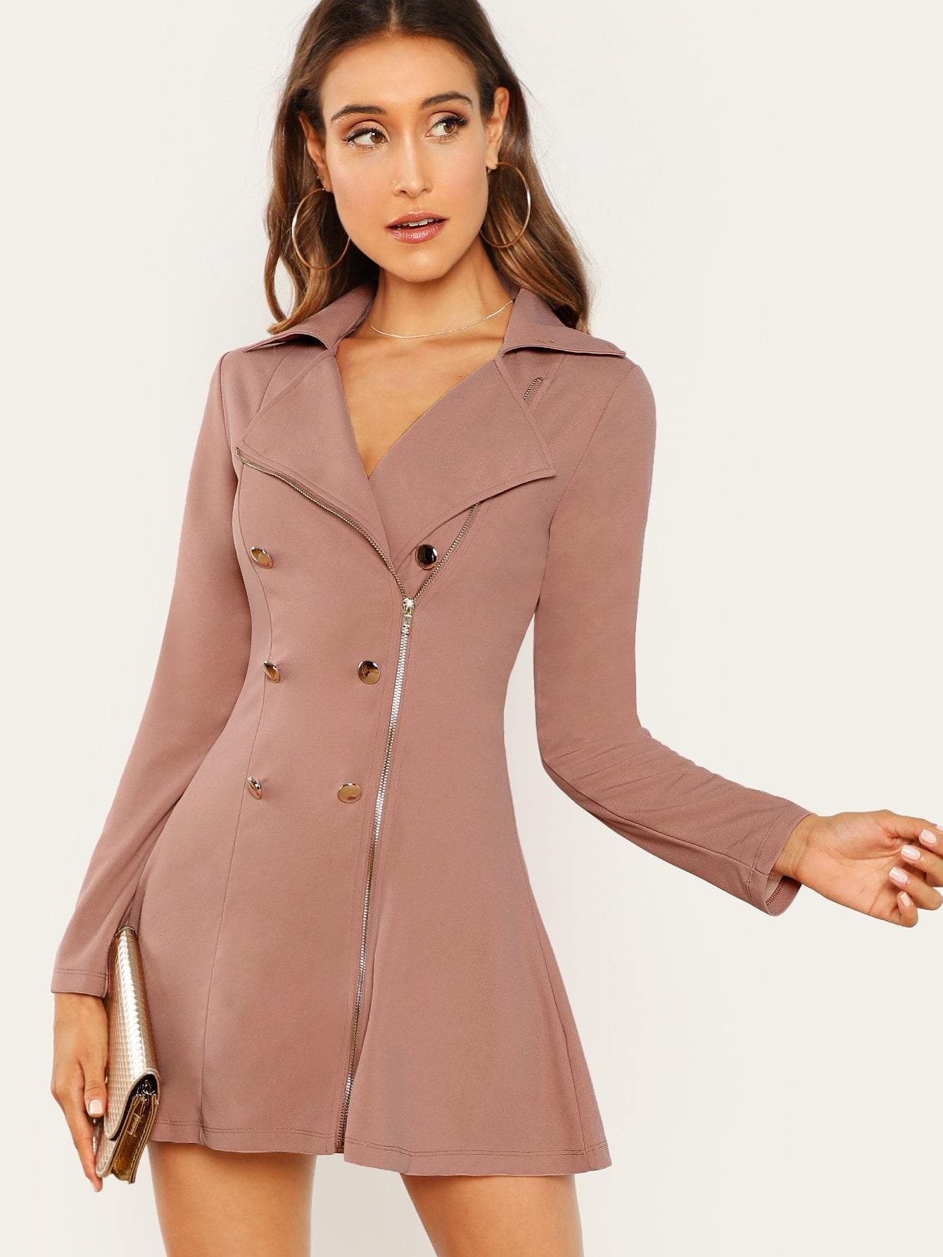 Long Sleeve Notched Neckline Double Breasted Detail Asymmetrical Zip Up Dress