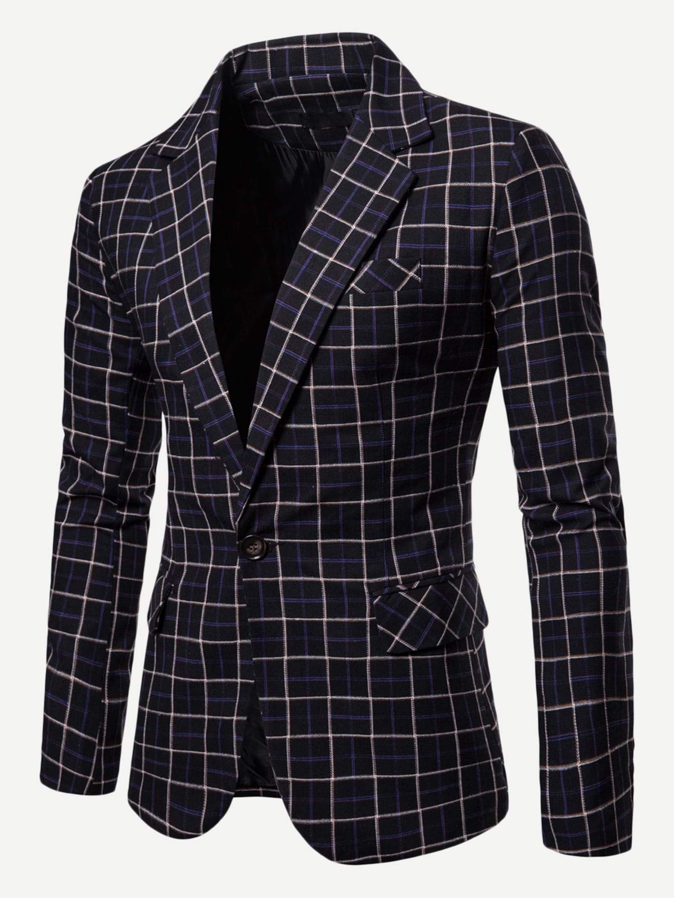 Notched Collar Single Button Plaid Blazer