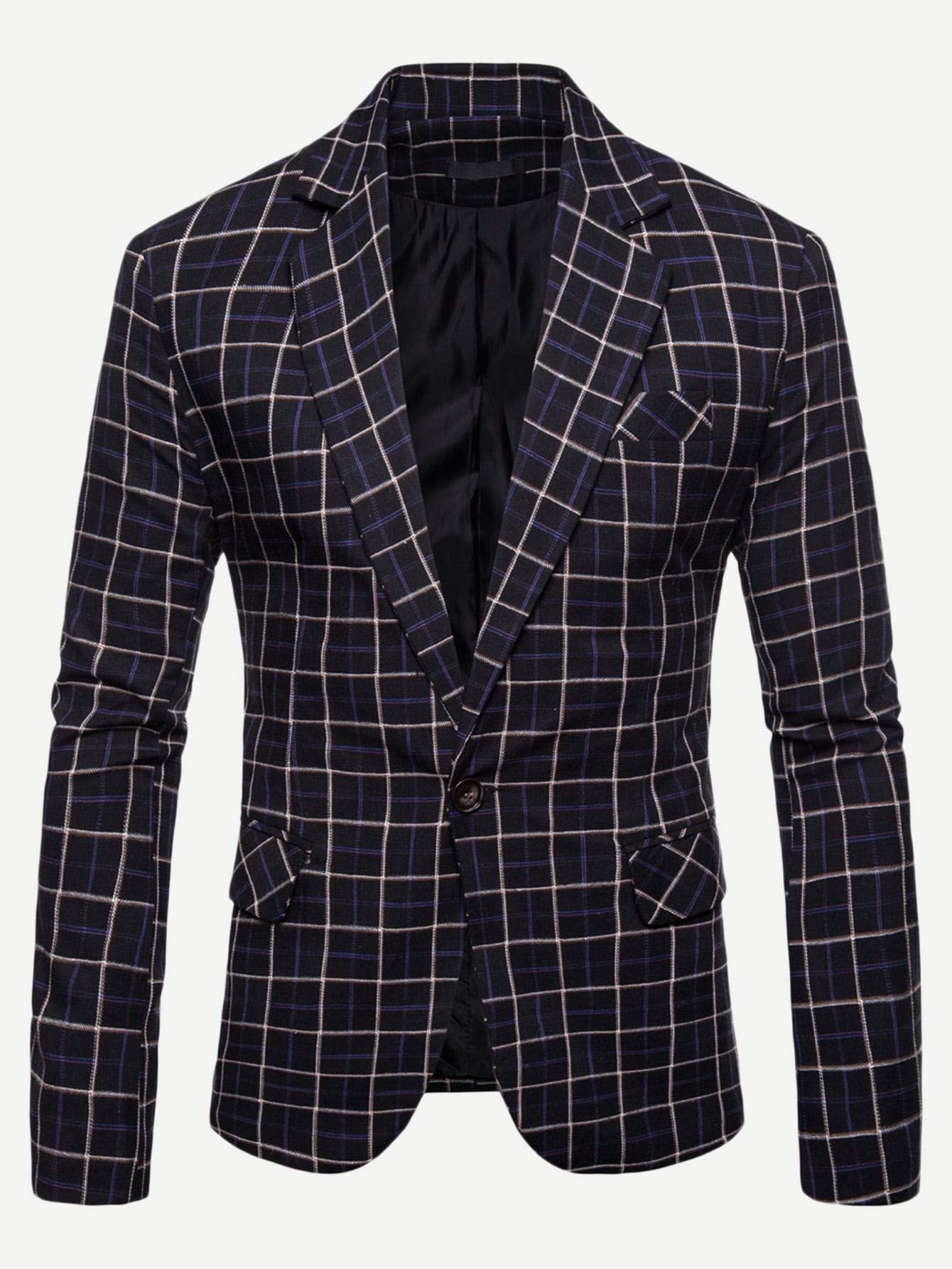 Notched Collar Single Button Plaid Blazer