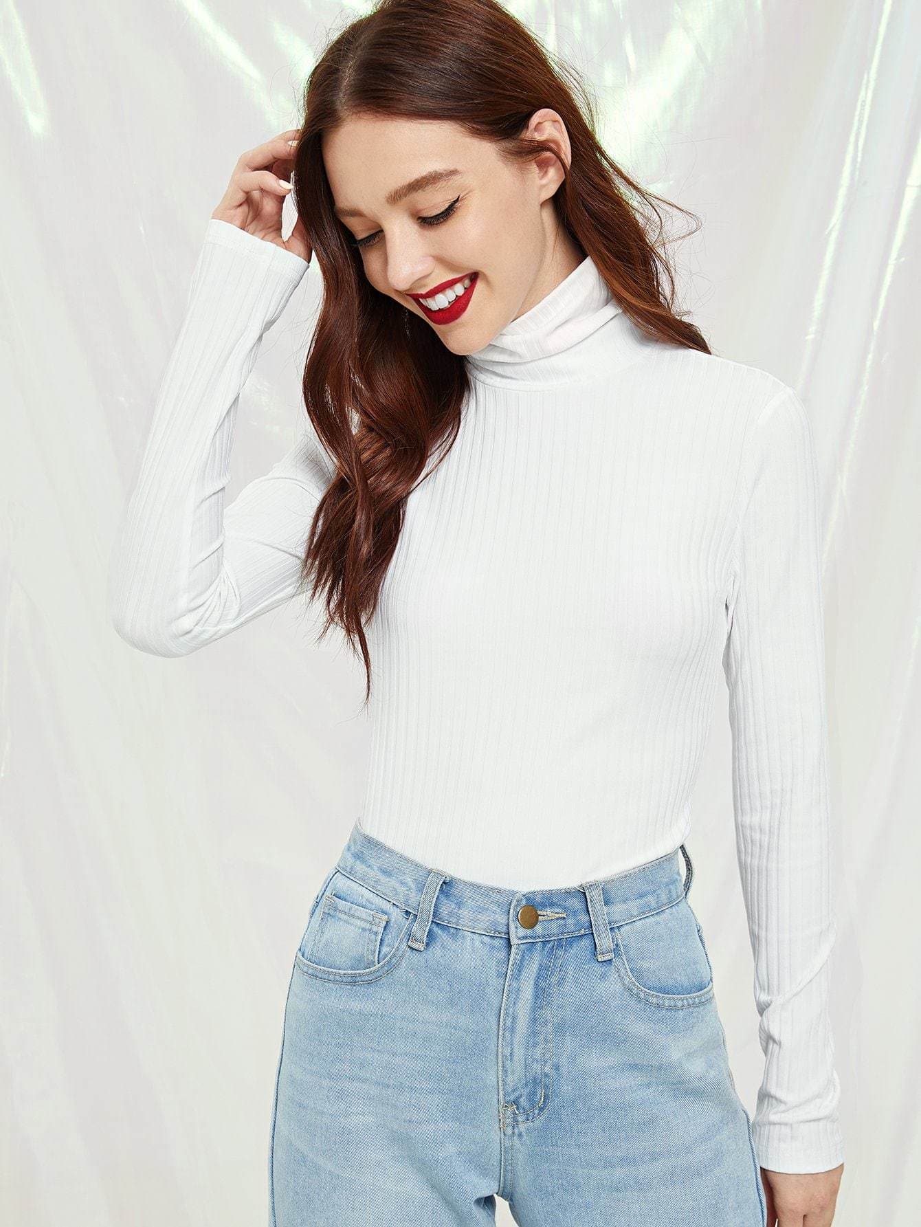 Long Sleeve High Neck Rib-knit Form Fitted Tee Top