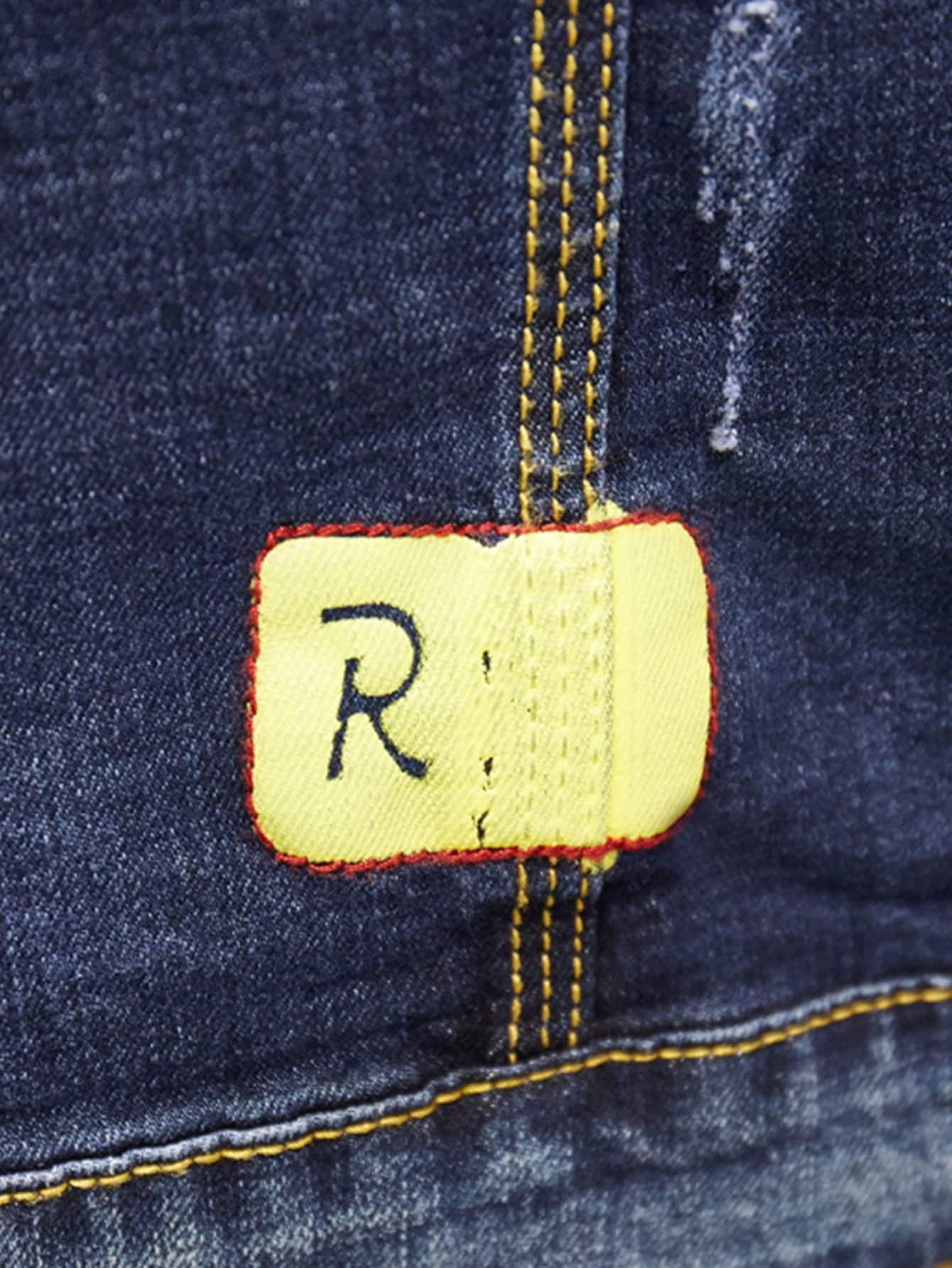 Blue Single Breasted Ripped Letter Print Wash Denim Jacket