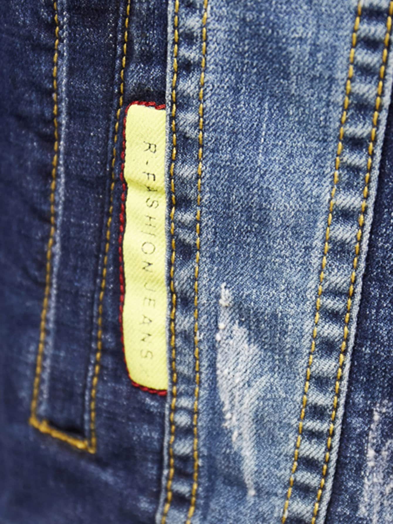 Blue Single Breasted Ripped Letter Print Wash Denim Jacket