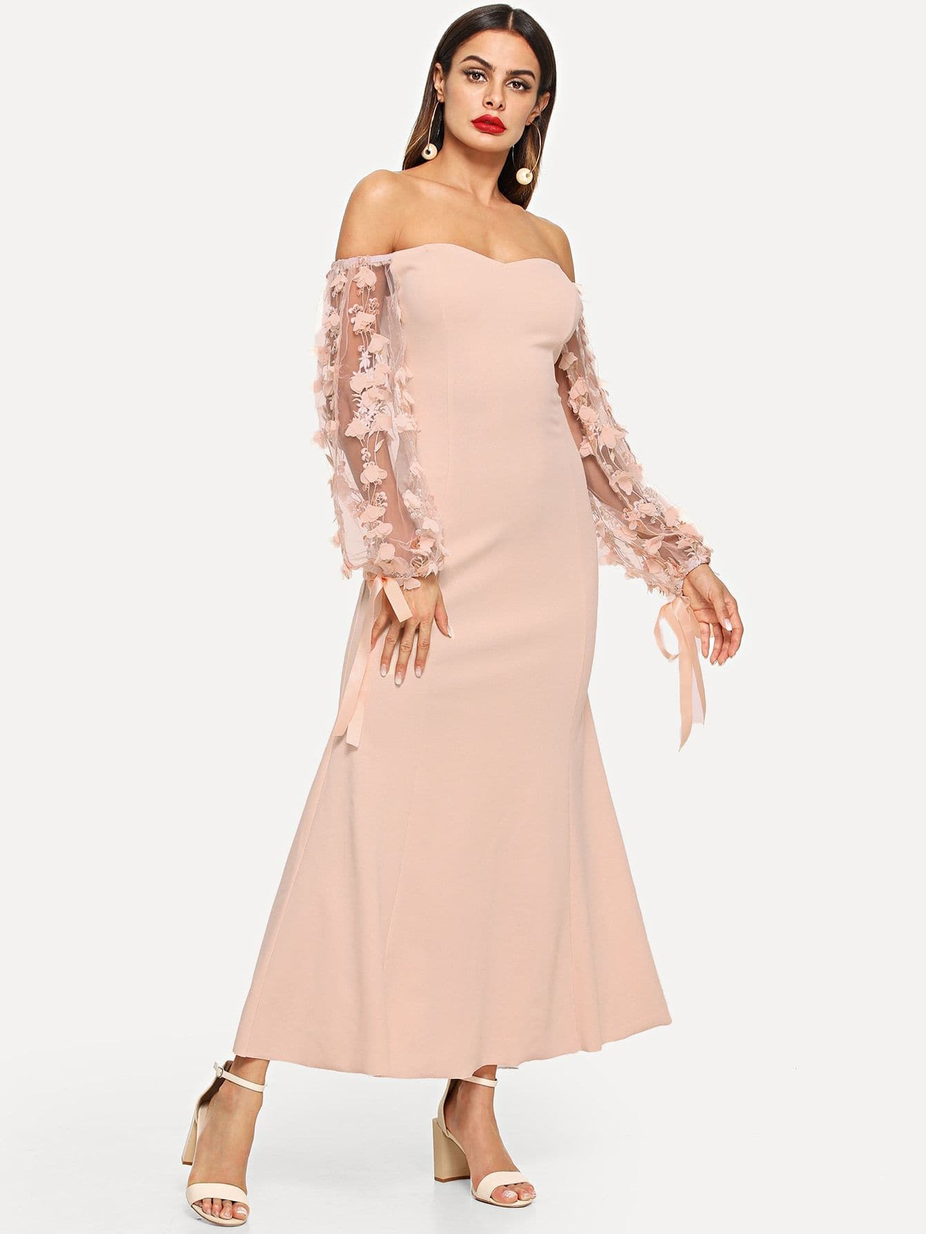 Apricot 3D Applique Sheer Sleeve Off Shoulder Dress