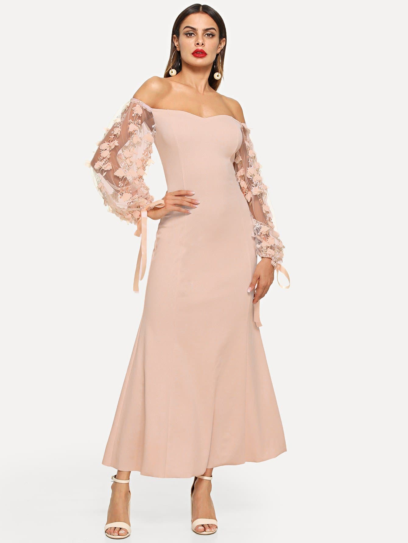 Apricot 3D Applique Sheer Sleeve Off Shoulder Dress