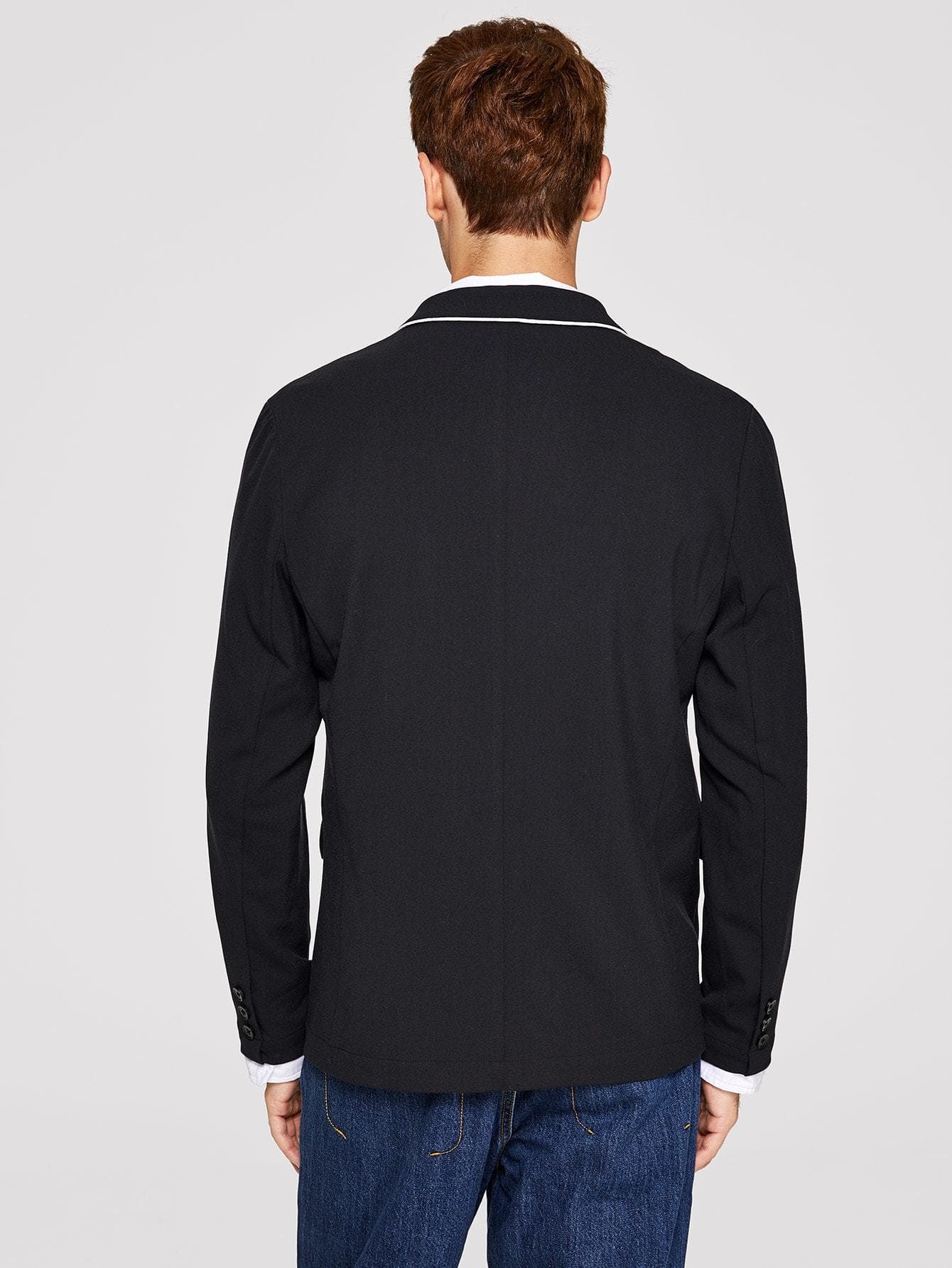 Black Notched Collar Single Button Contrast Piping Blazer