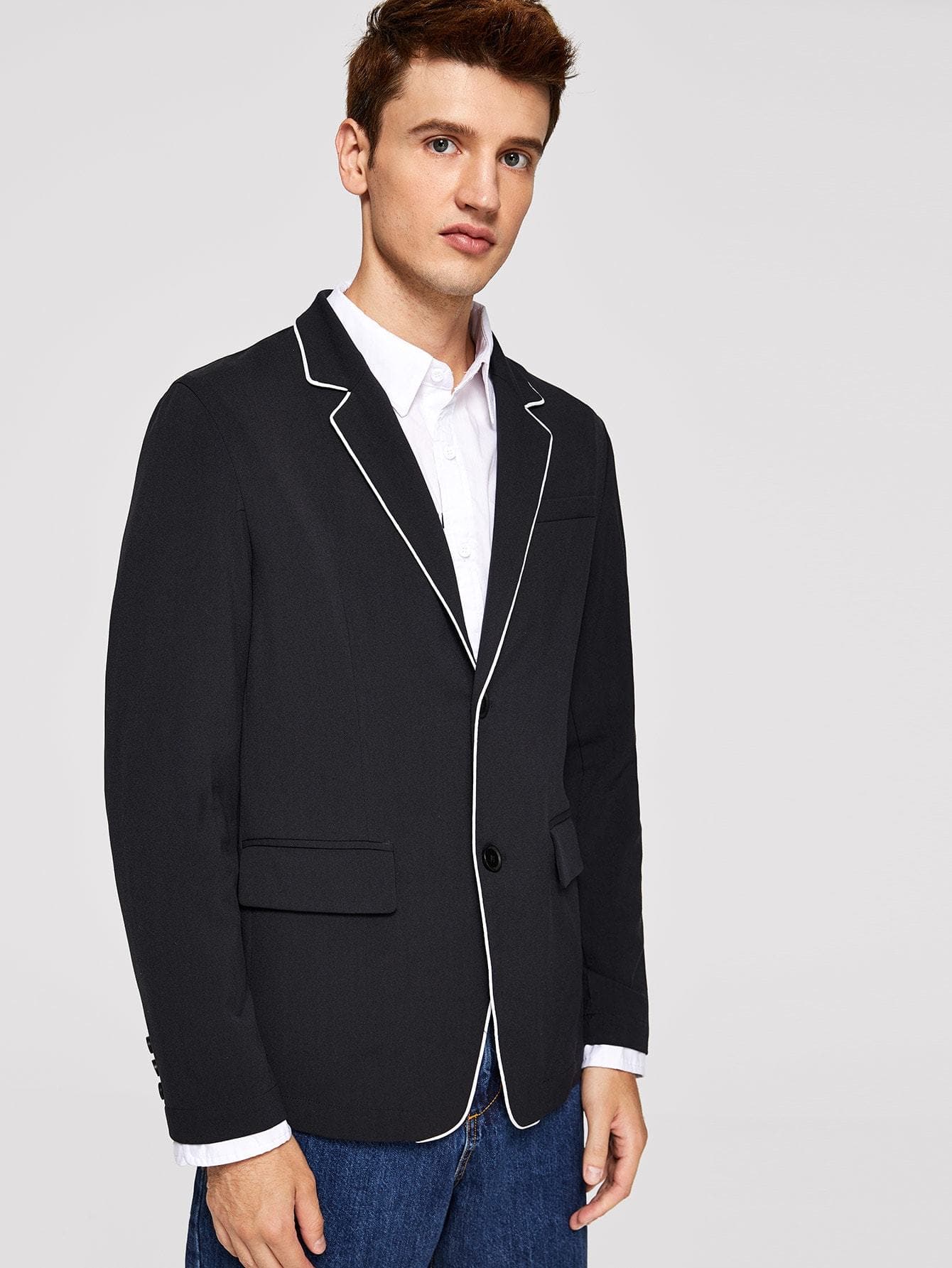 Black Notched Collar Single Button Contrast Piping Blazer