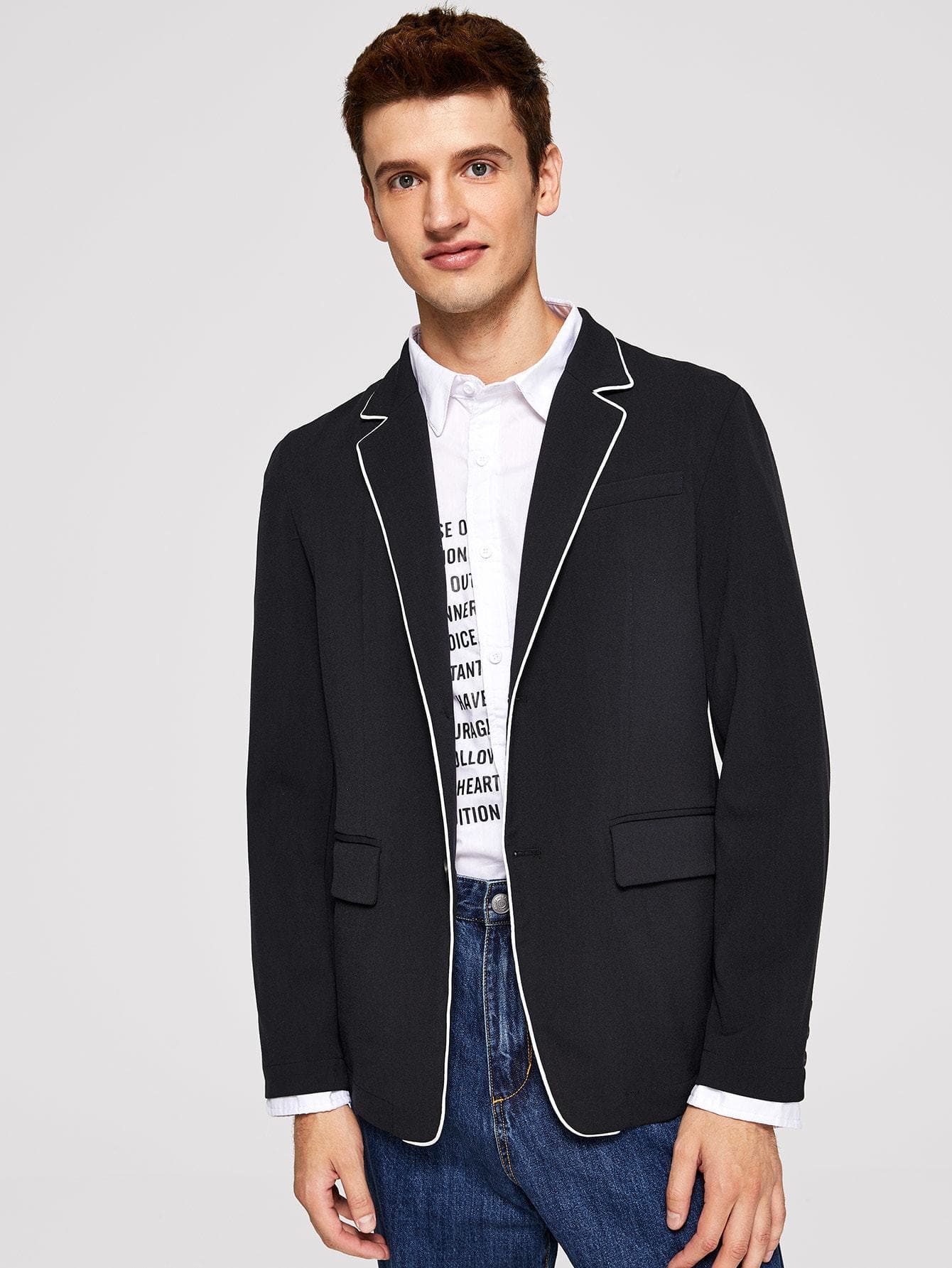 Black Notched Collar Single Button Contrast Piping Blazer