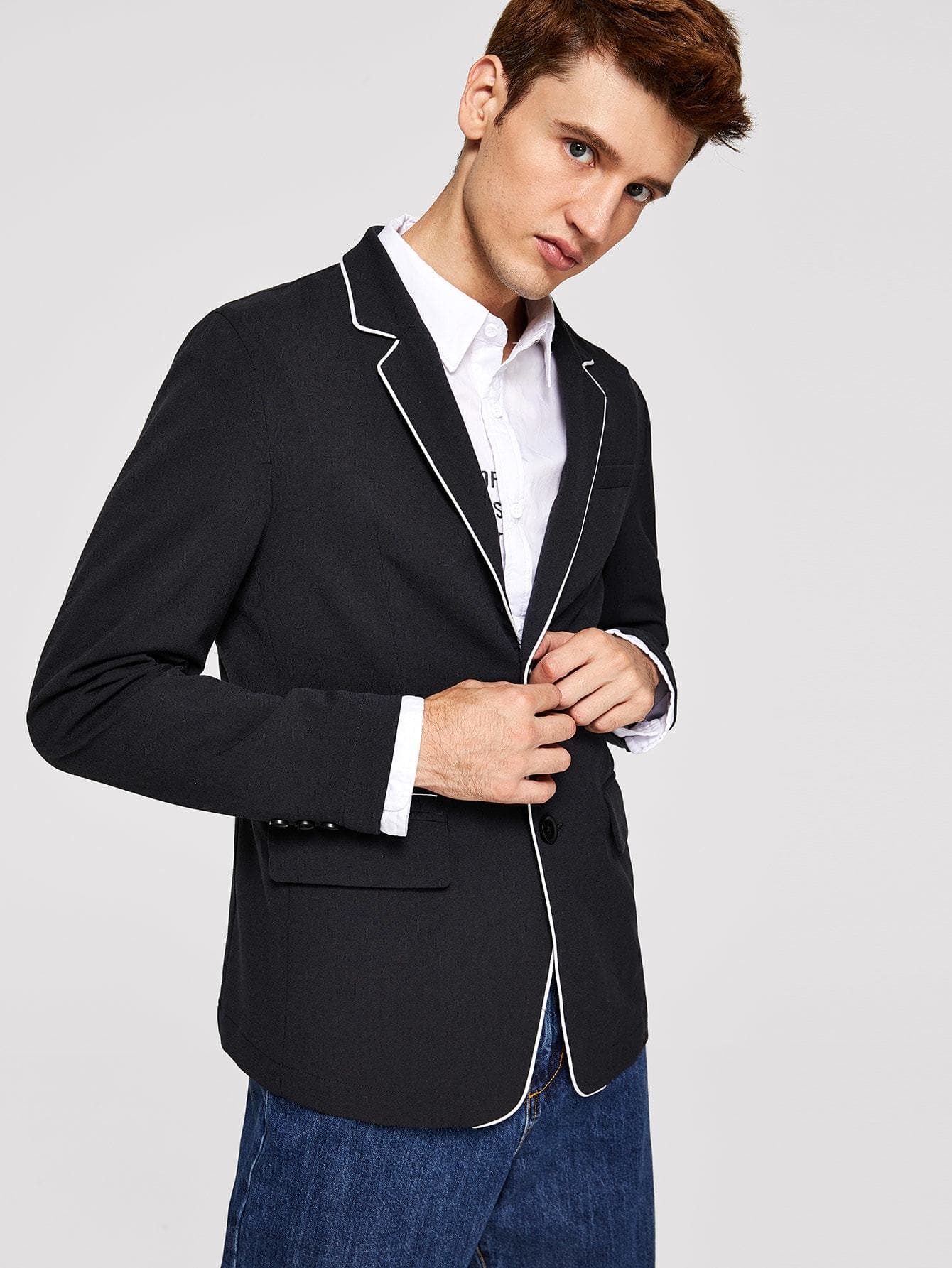 Black Notched Collar Single Button Contrast Piping Blazer