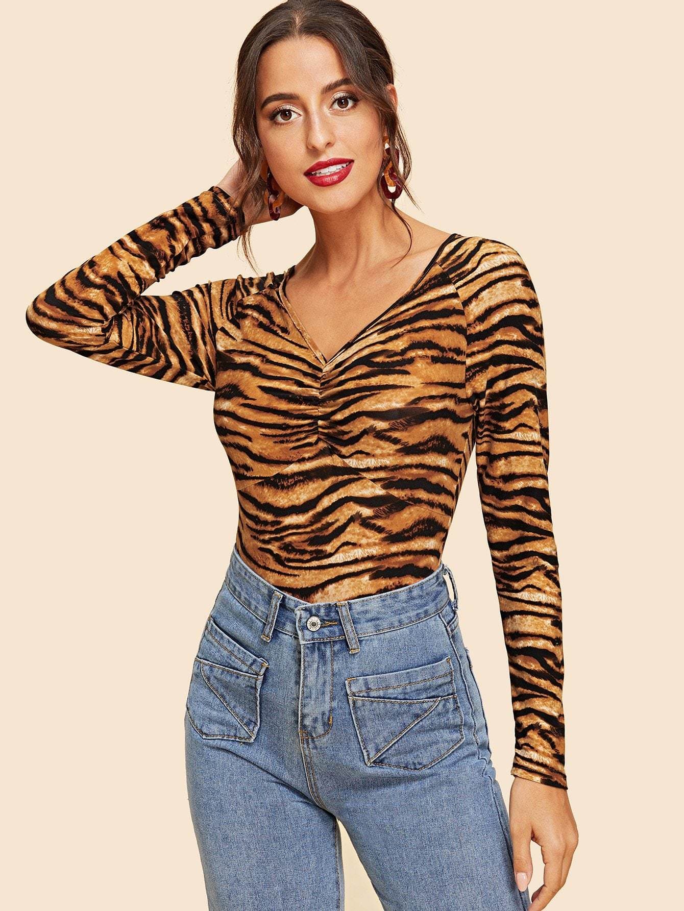 V Neck Ruched Front Raglan Sleeve Tiger Print Top