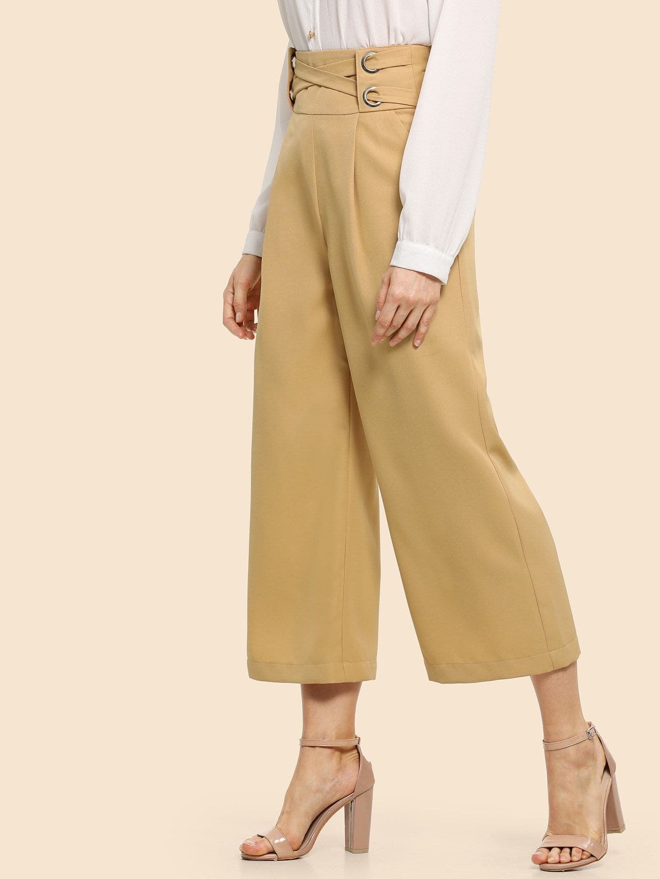 Apricot Polyester 70s Crisscross Wide Waistband Palazzo Leg Pants