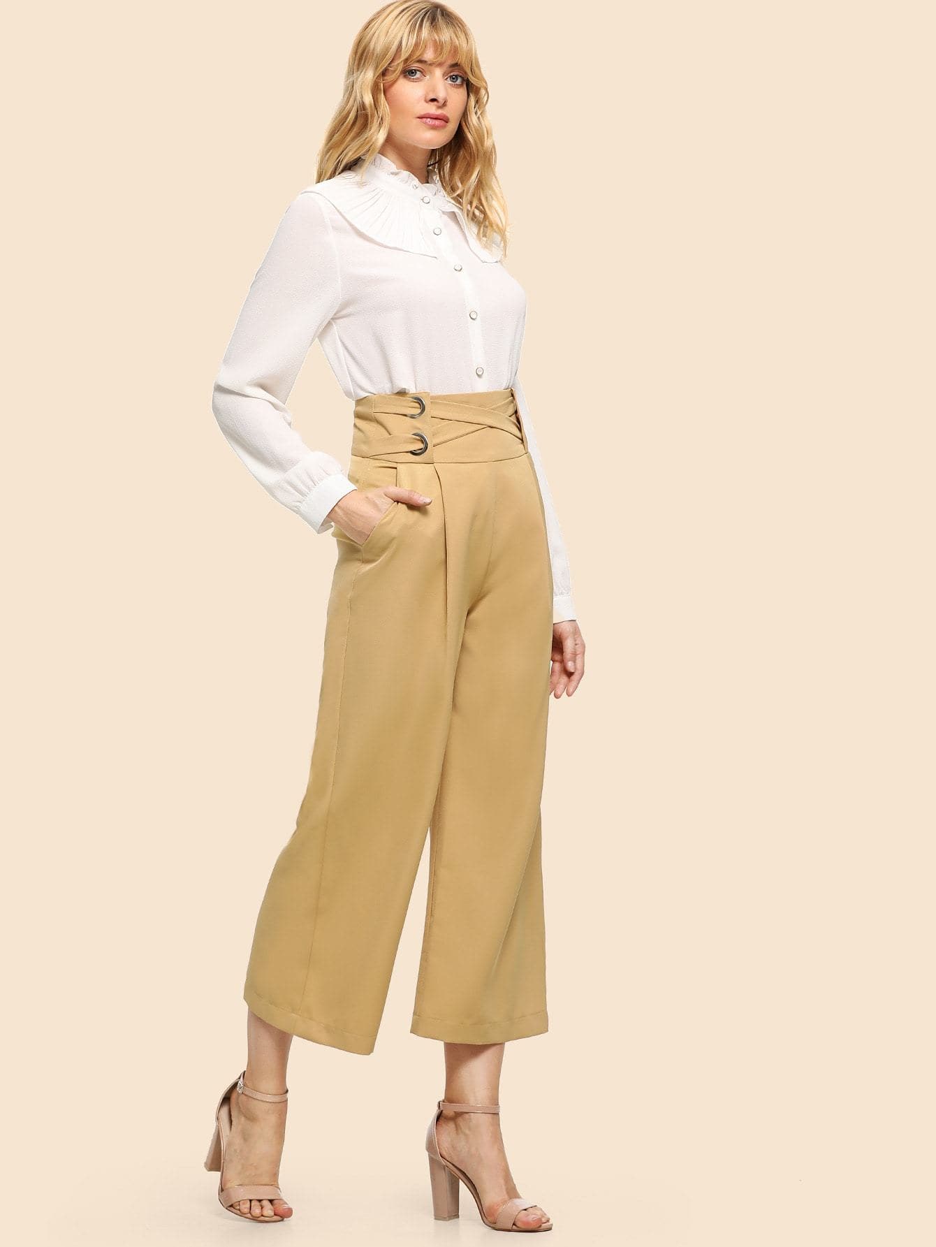 Apricot Polyester 70s Crisscross Wide Waistband Palazzo Leg Pants