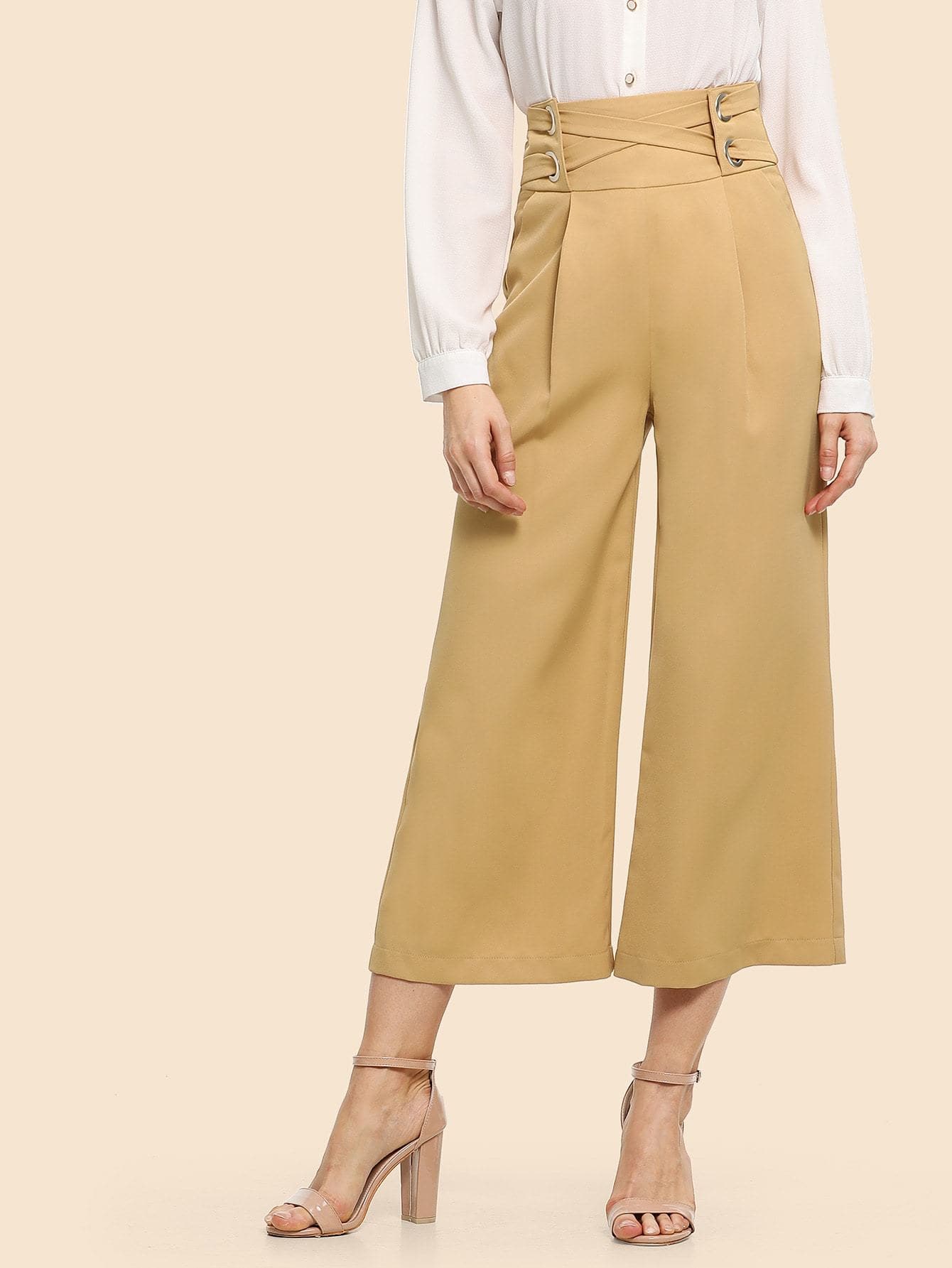 Apricot Polyester 70s Crisscross Wide Waistband Palazzo Leg Pants
