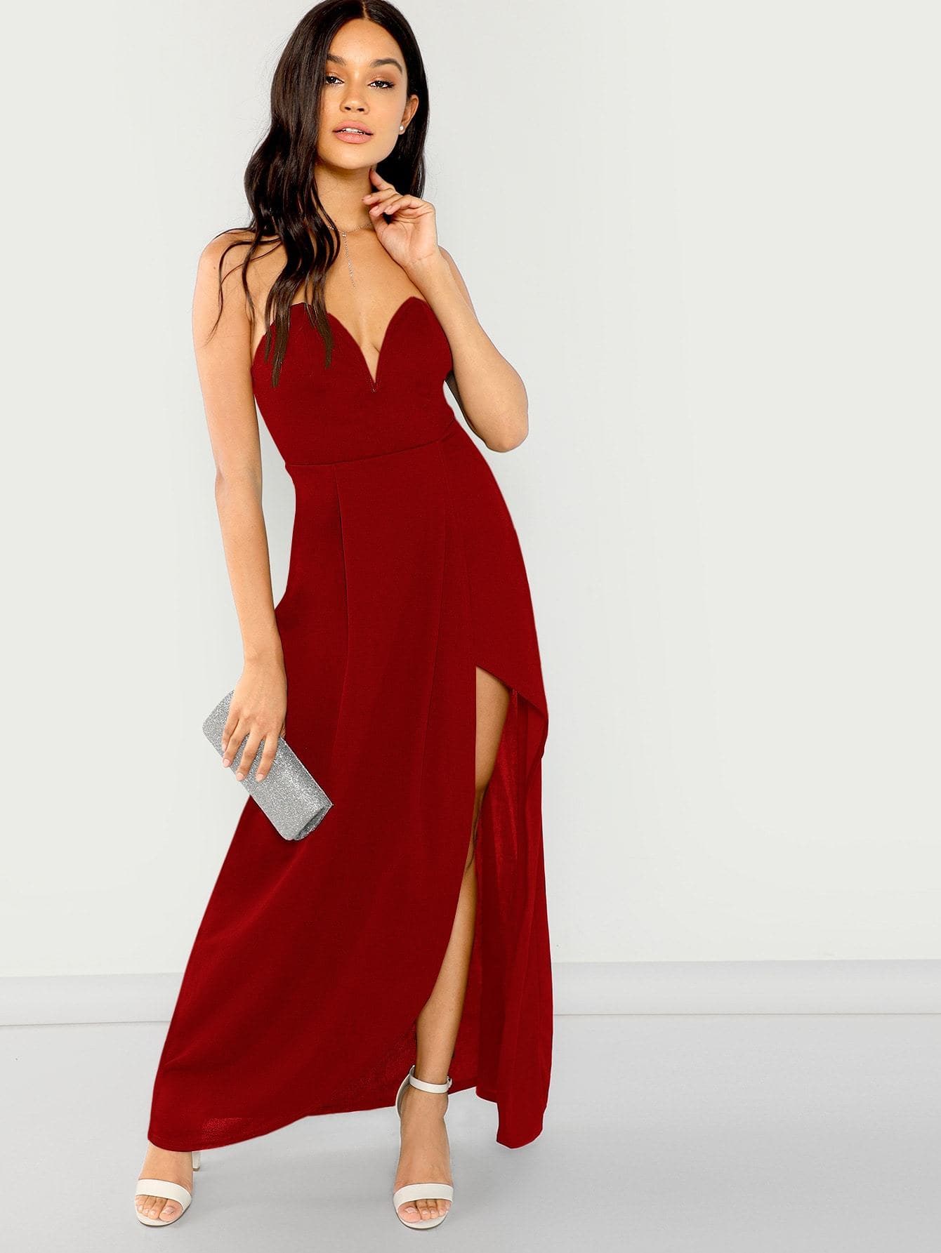 Bandeau Off Shoulder Split Sleeveless Fit and Flare Dress