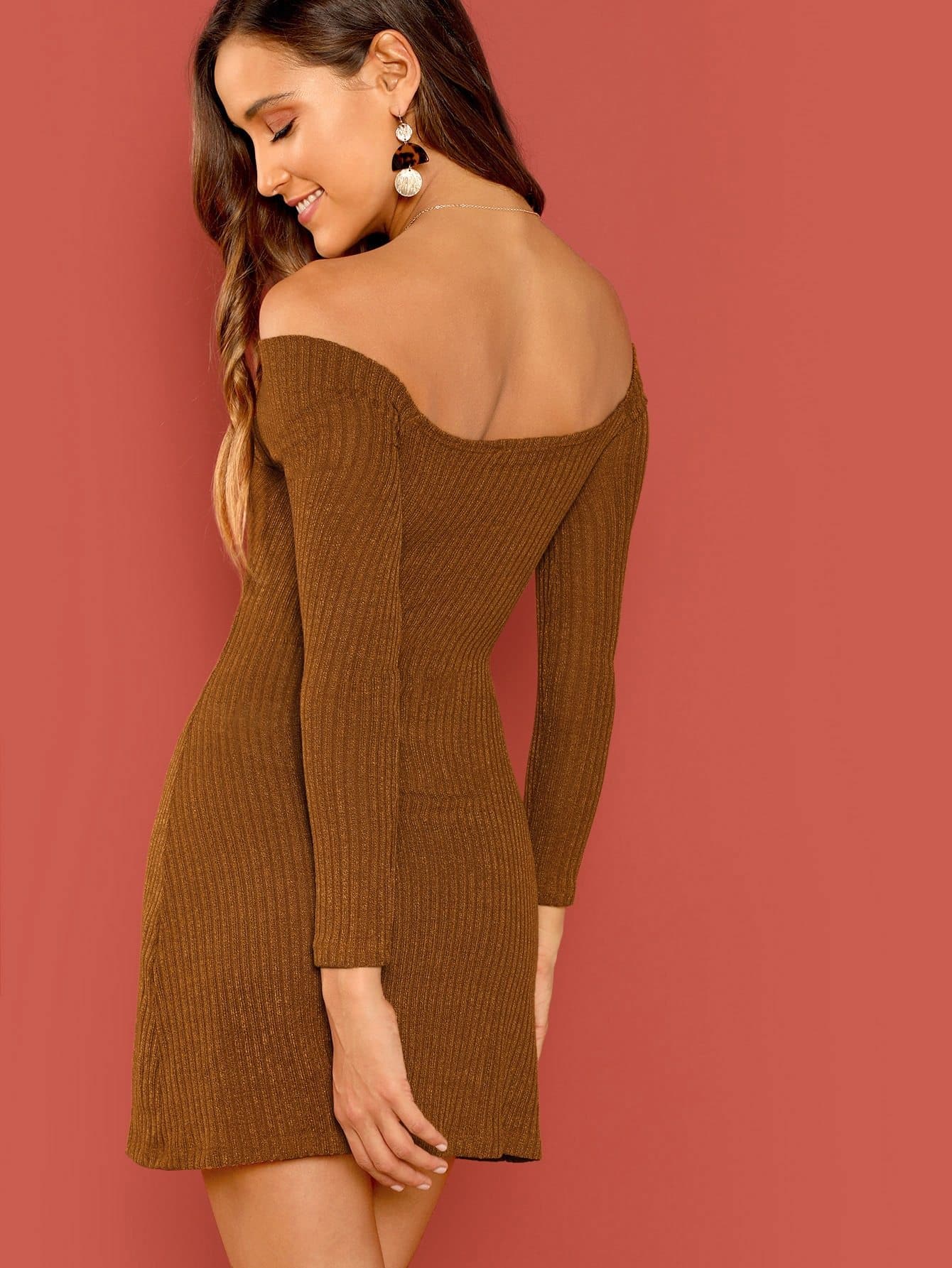 Brown Cross Wrap Off Shoulder Dress