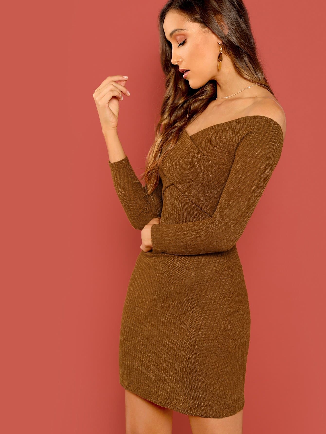 Brown Cross Wrap Off Shoulder Dress